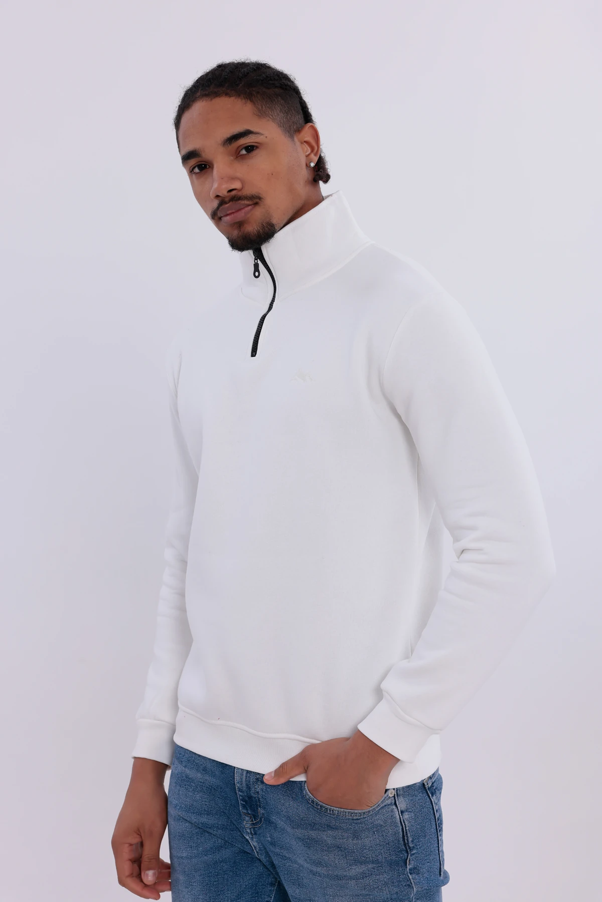 Sıfır4 Yarım Fermuarlı 3 iplik şardonlu Sweatshirt Beyaz mint