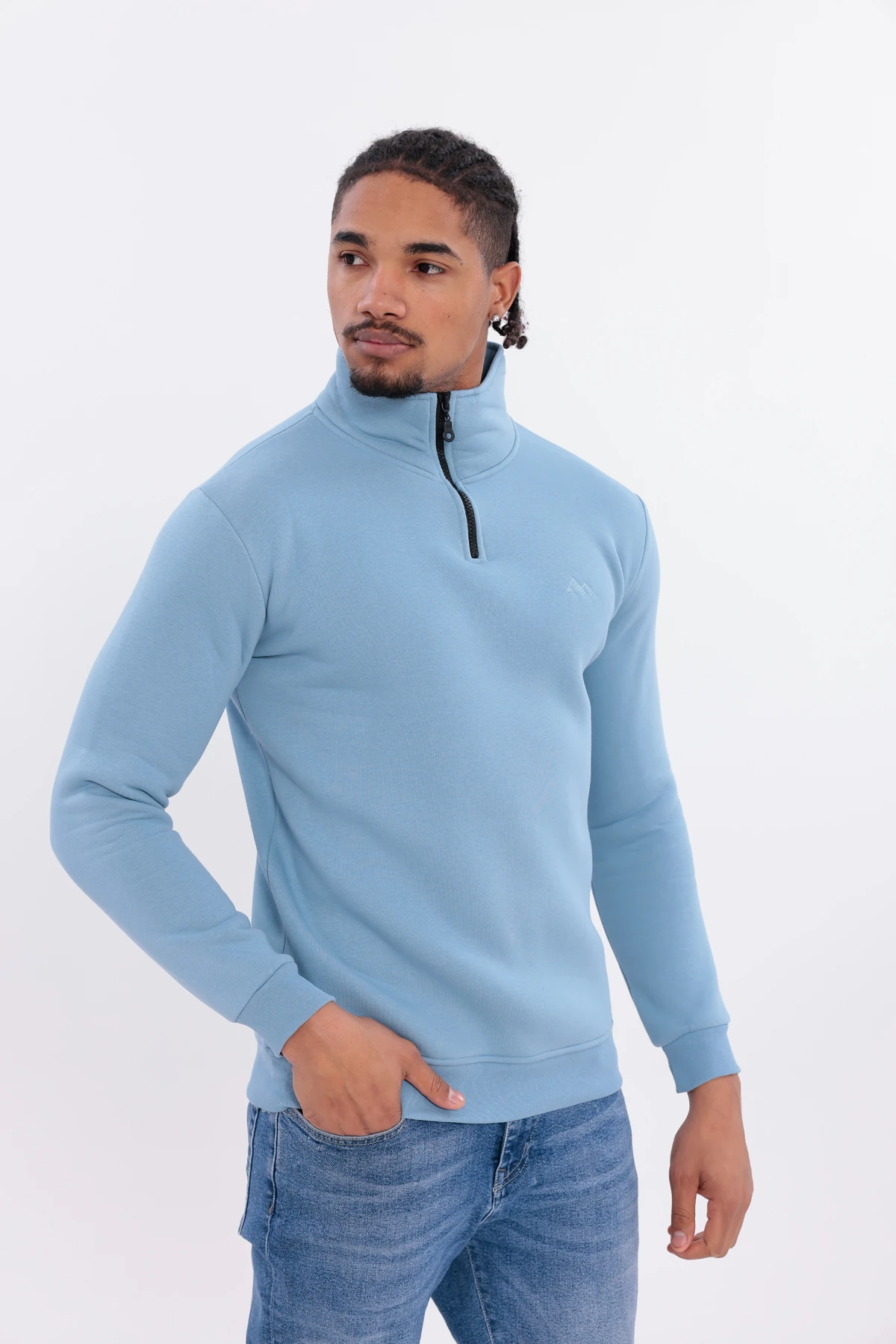 Sıfır4 Yarım Fermuarlı 3 iplik şardonlu  Sweatshirt gökyüzü mavisi gökyüzü mavisi