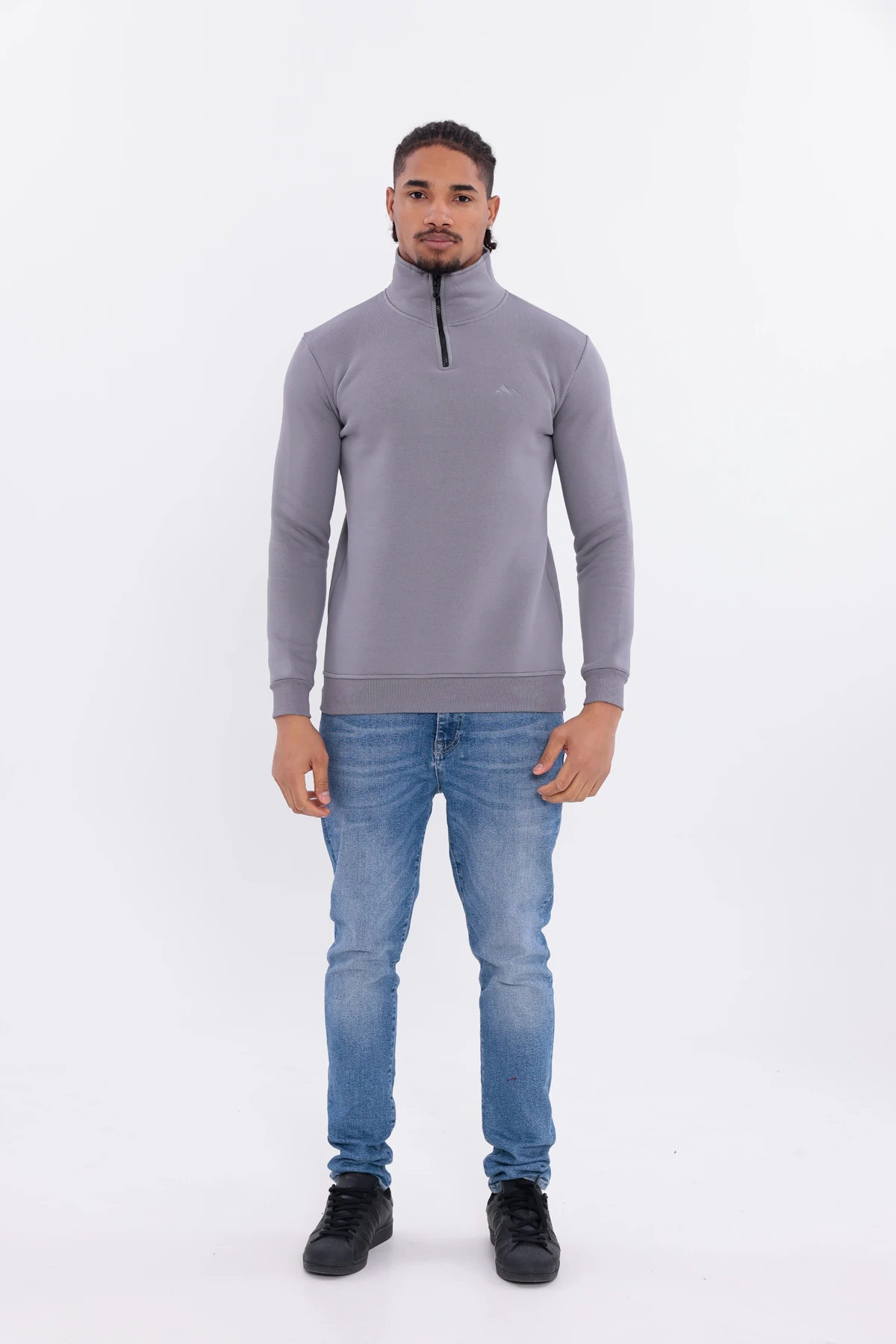 Sıfır4 Yarım Fermuarlı 3 iplik şardonlu  Sweatshirt GRİ Gri̇