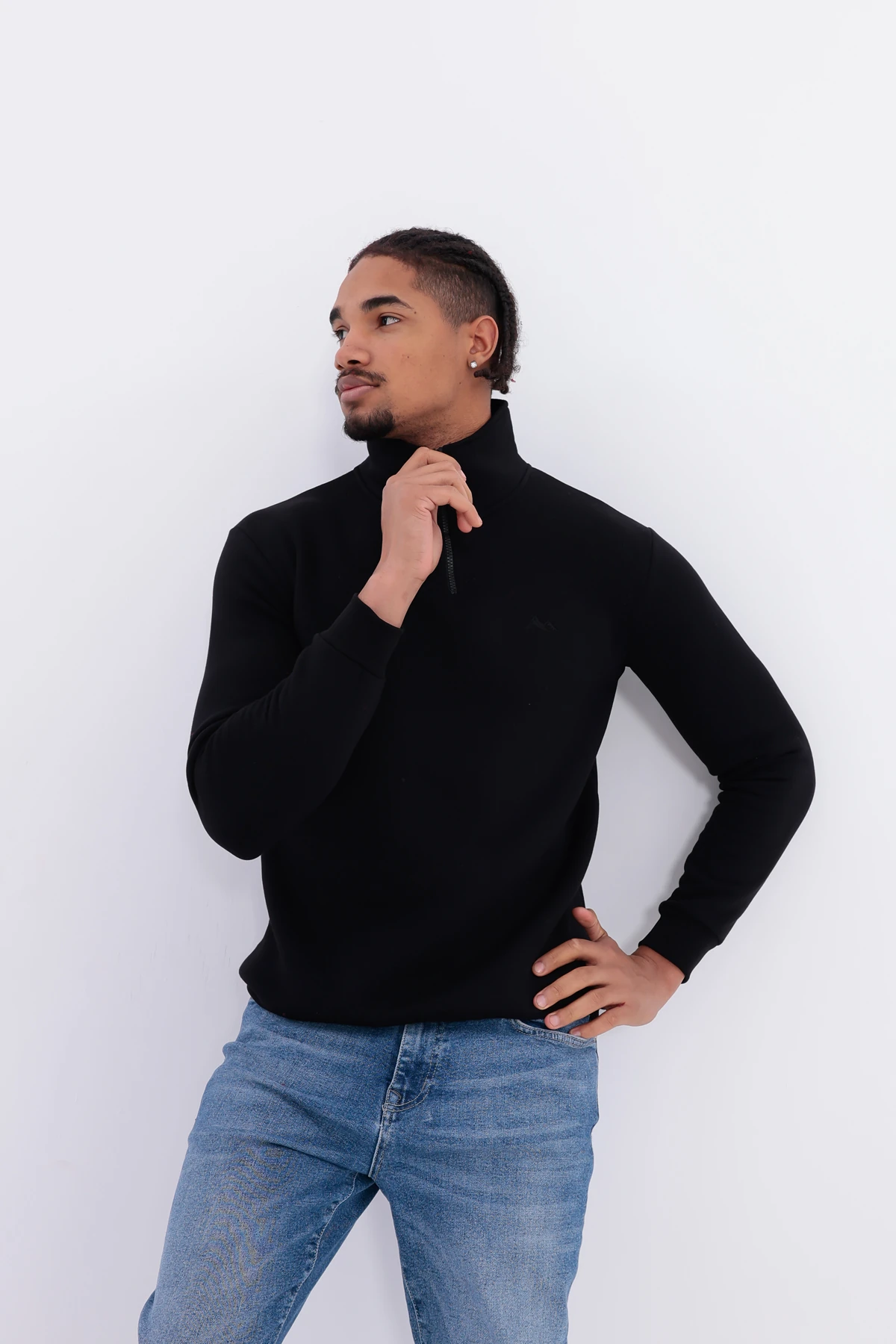 Sıfır4 Yarım Fermuarlı 3 iplik şardonlu Sweatshirt siyah Siyah