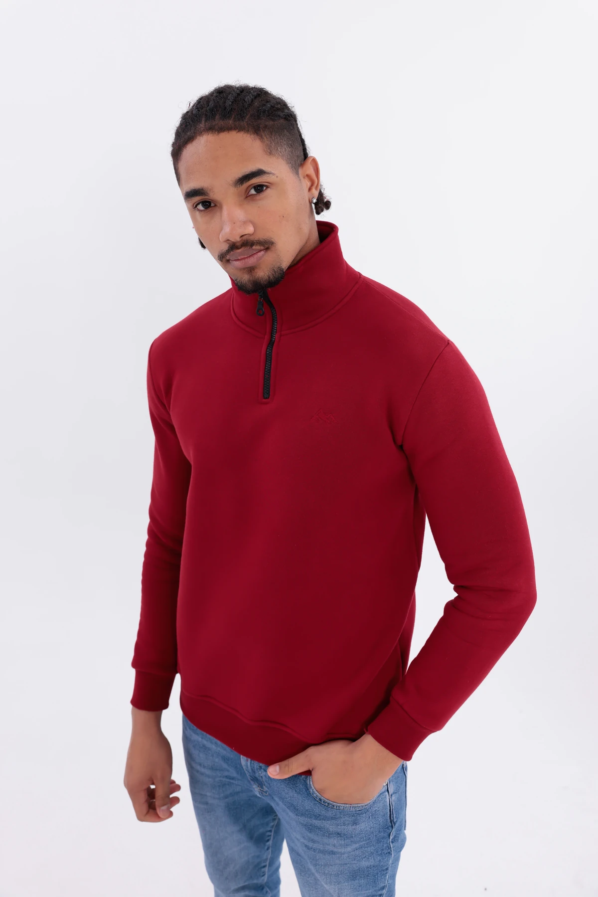 Sıfır4 Yarım Fermuarlı 3 iplik şardonlu Sweatshirt Bordo Bordo