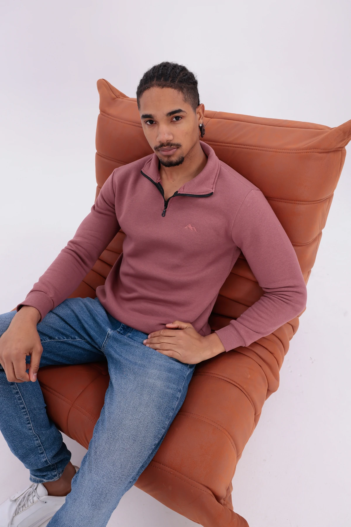 Sıfır4 Yarım Fermuarlı 3 iplik şardonlu  Sweatshirt gökyüzü mavisi Gül Kurusu gül kurusu