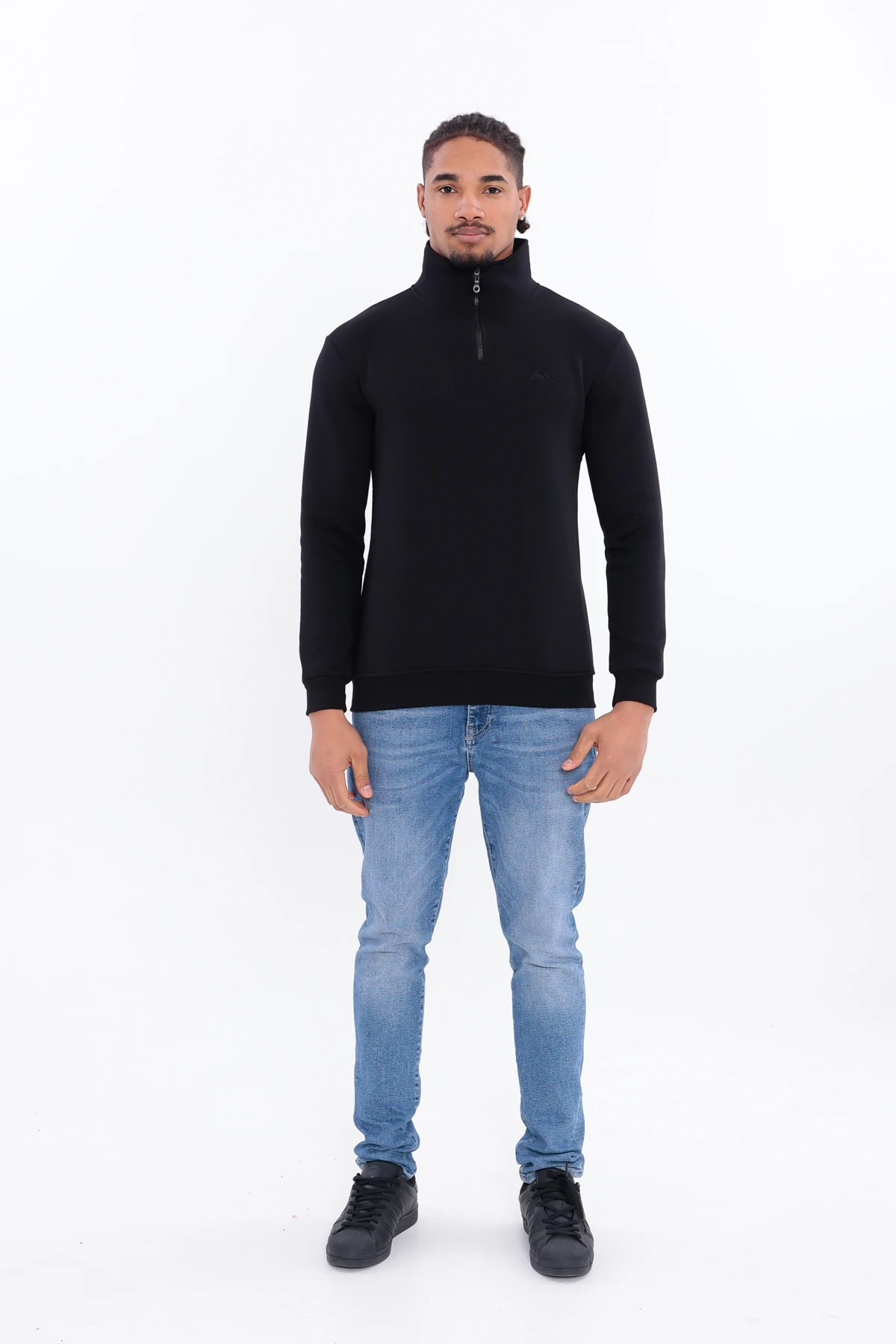 Sıfır4 Yarım Fermuarlı 3 iplik şardonlu Sweatshirt siyah Siyah