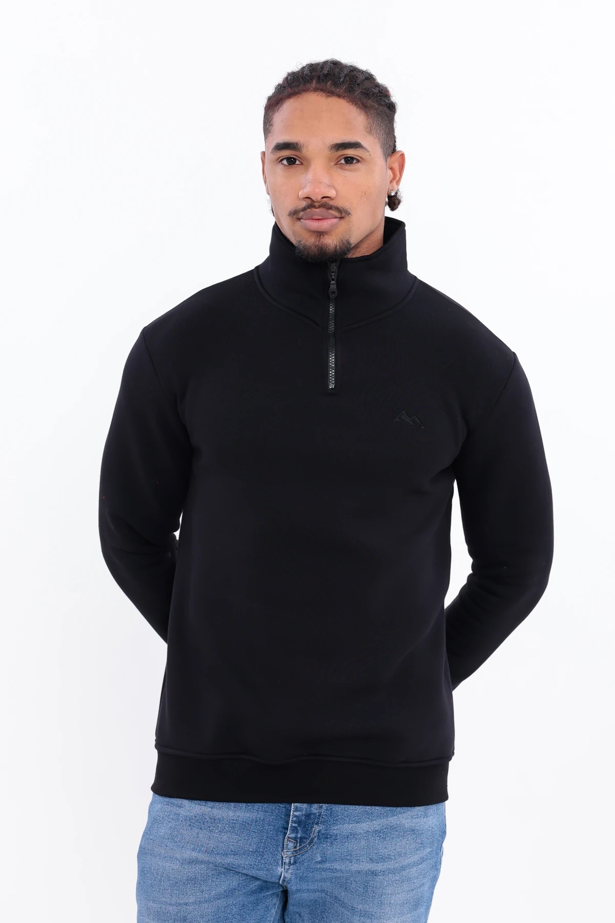 Sıfır4 Yarım Fermuarlı 3 iplik şardonlu Sweatshirt siyah Siyah