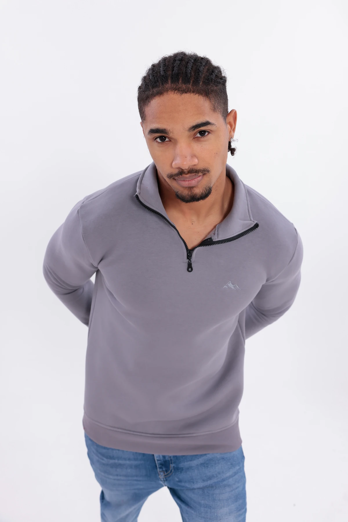 Sıfır4 Yarım Fermuarlı 3 iplik şardonlu  Sweatshirt GRİ Gri̇