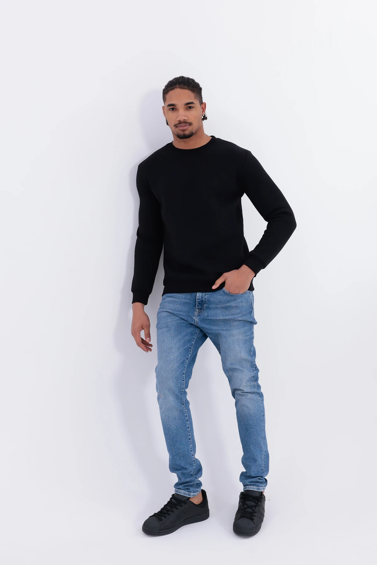 Sıfır4 Comfort Fit 3 İplik Şardonlu Sweatshirt siyah Siyah