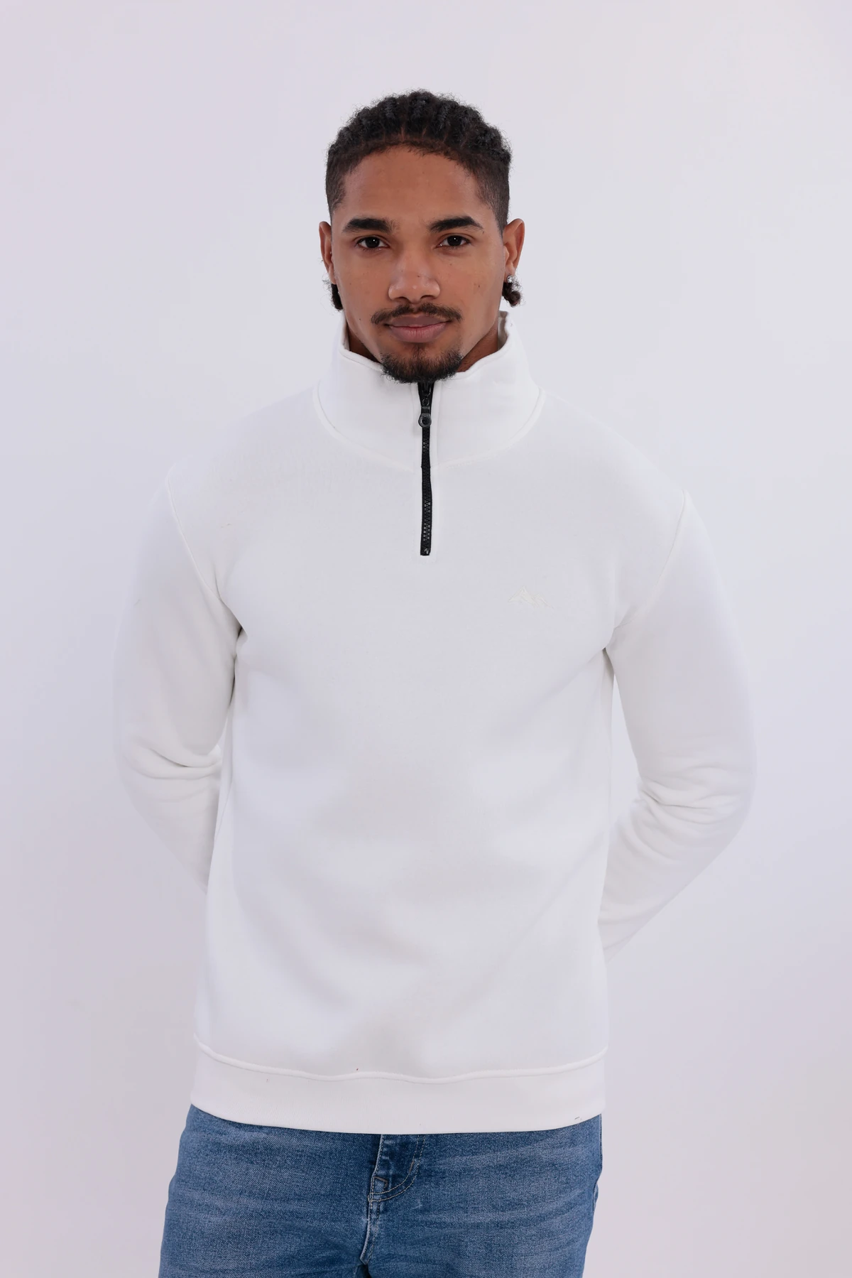 Sıfır4 Yarım Fermuarlı 3 iplik şardonlu Sweatshirt Beyaz mint