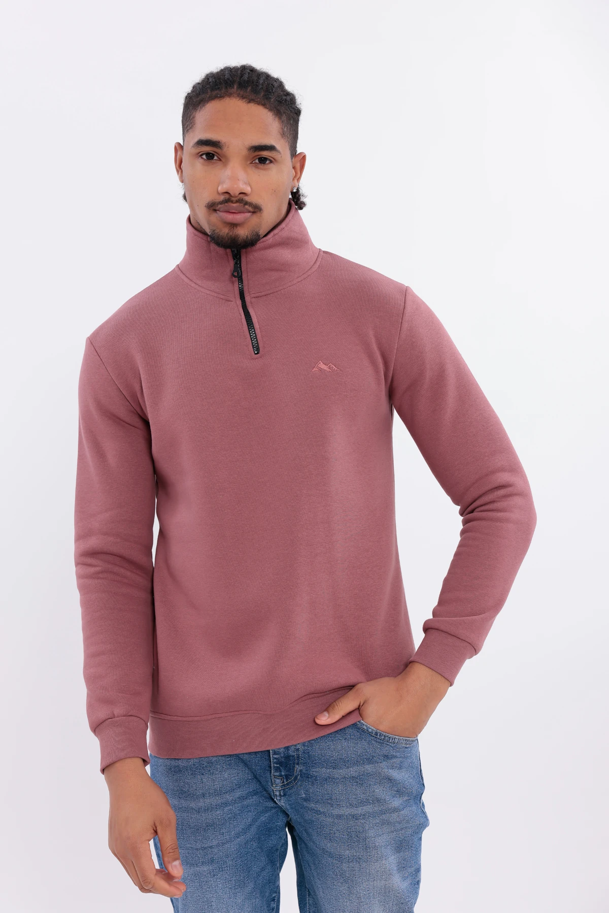 Sıfır4 Yarım Fermuarlı 3 iplik şardonlu  Sweatshirt gökyüzü mavisi Gül Kurusu gül kurusu