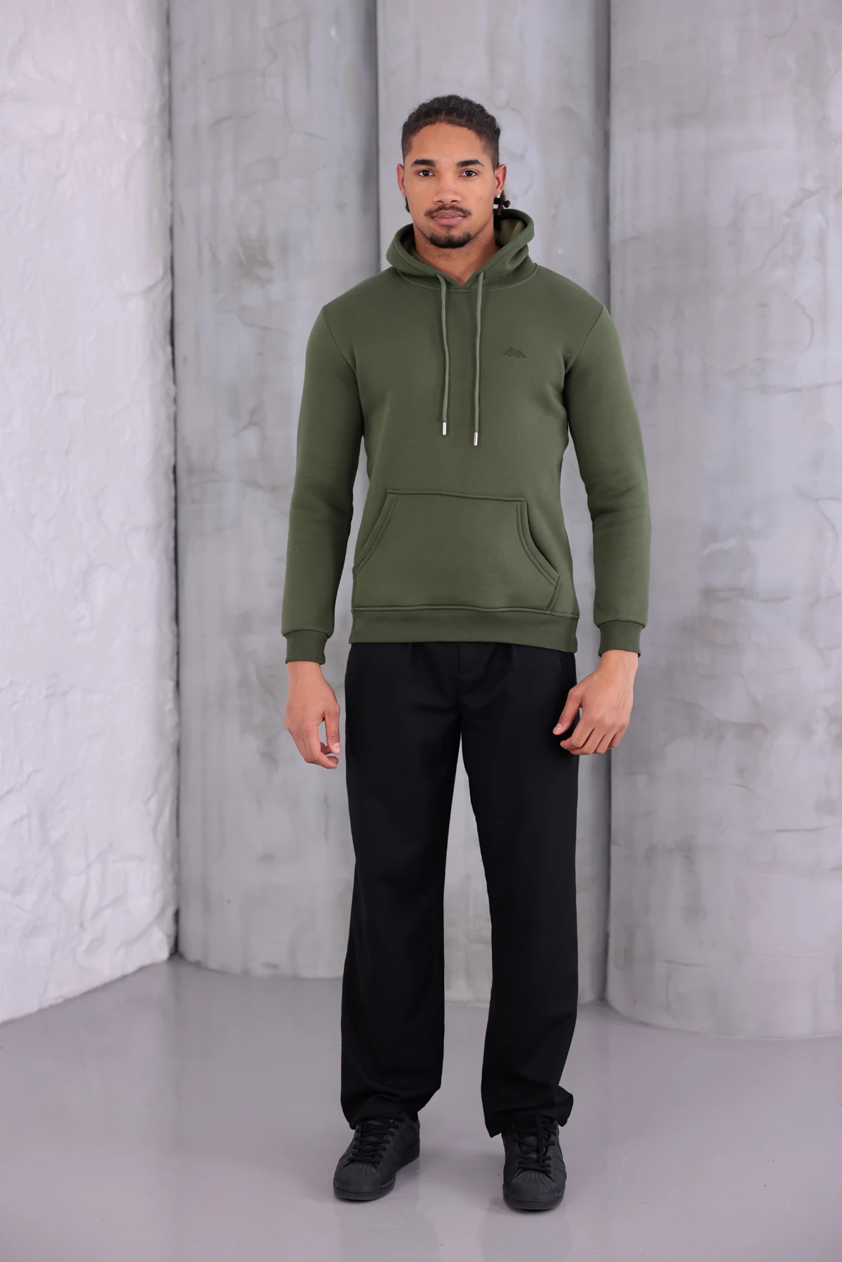 SIFIR4 3 İplik Şardonlu Kapüşonlu Sweatshirt Haki Yeşili haki yeşili