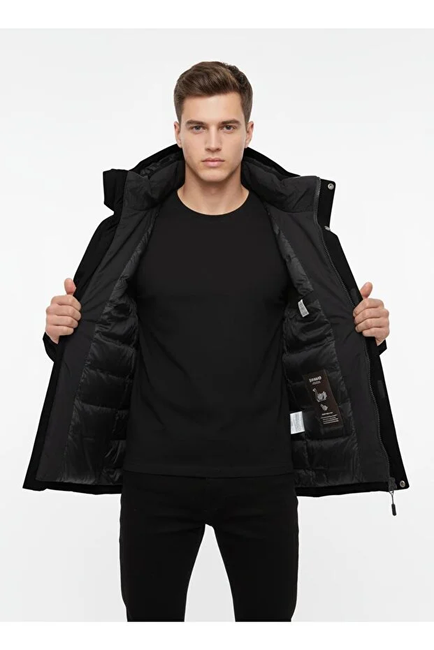 Dynamo Erkek Kapüşonlu Su İtici Rüzgar Geçirmez Kaz Tüyü Comfort Fit Mont Siyah