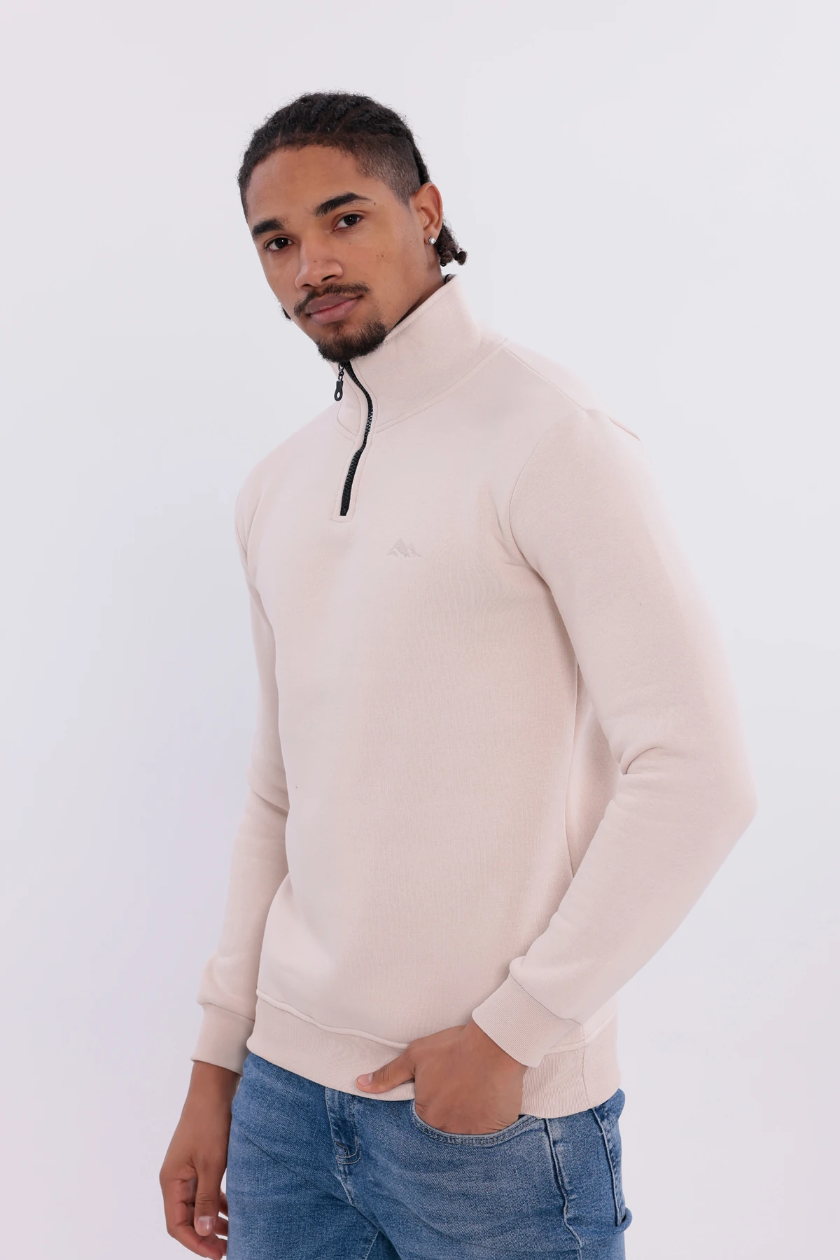 Sıfır4 Yarım Fermuarlı 3 iplik şardonlu Sweatshirt Krem krem