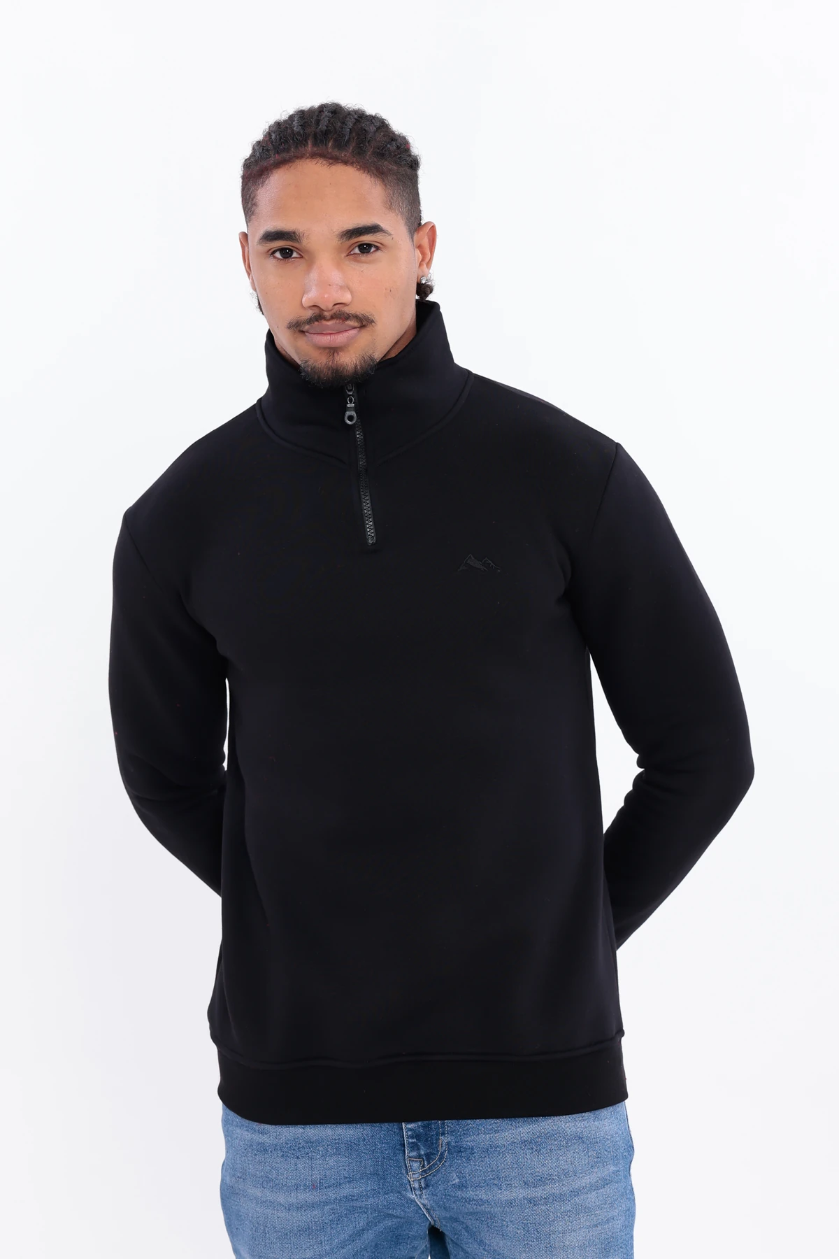 Sıfır4 Yarım Fermuarlı 3 iplik şardonlu Sweatshirt siyah Siyah