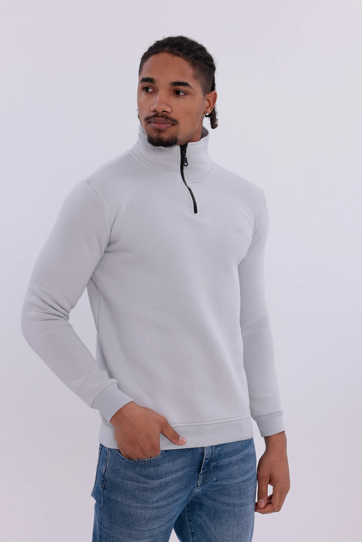 Sıfır4 Yarım Fermuarlı 3 iplik şardonlu Sweatshirt Buz Gri buz gri