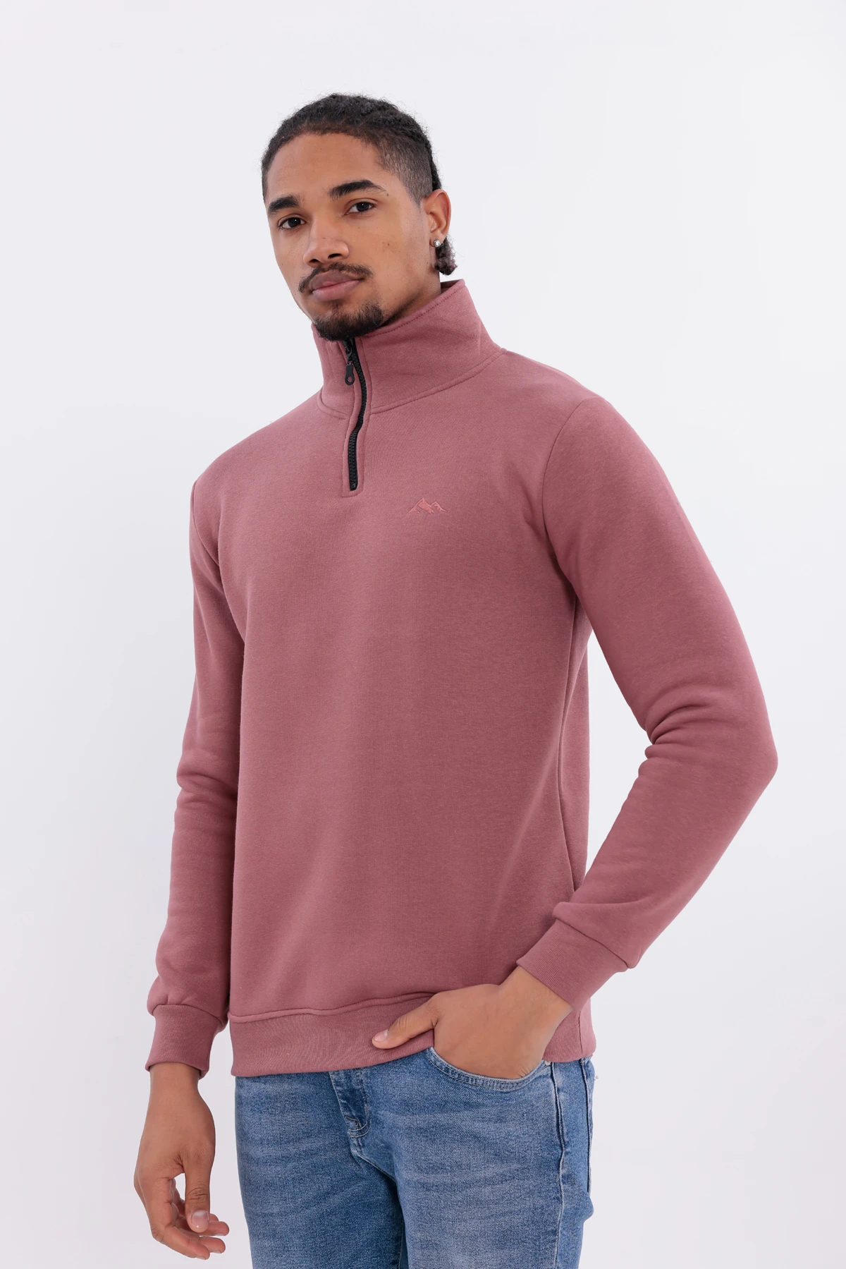 Sıfır4 Yarım Fermuarlı 3 iplik şardonlu  Sweatshirt gökyüzü mavisi Gül Kurusu gül kurusu