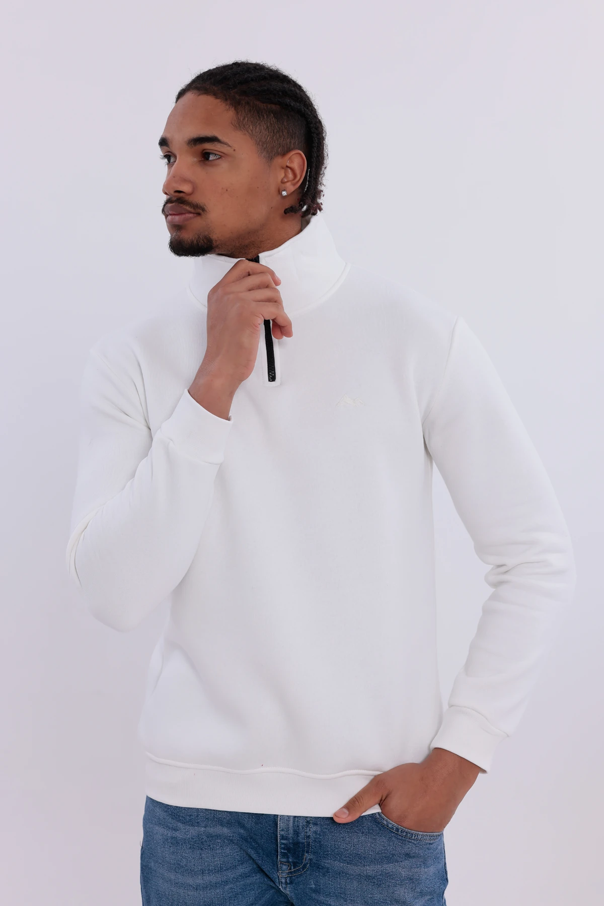 Sıfır4 Yarım Fermuarlı 3 iplik şardonlu Sweatshirt Beyaz mint