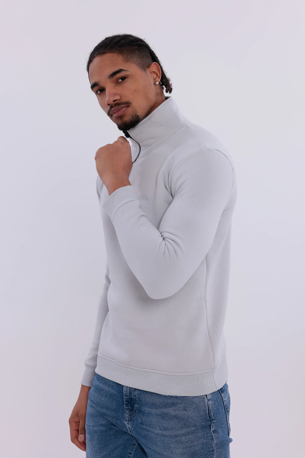 Sıfır4 Yarım Fermuarlı 3 iplik şardonlu Sweatshirt Buz Gri buz gri