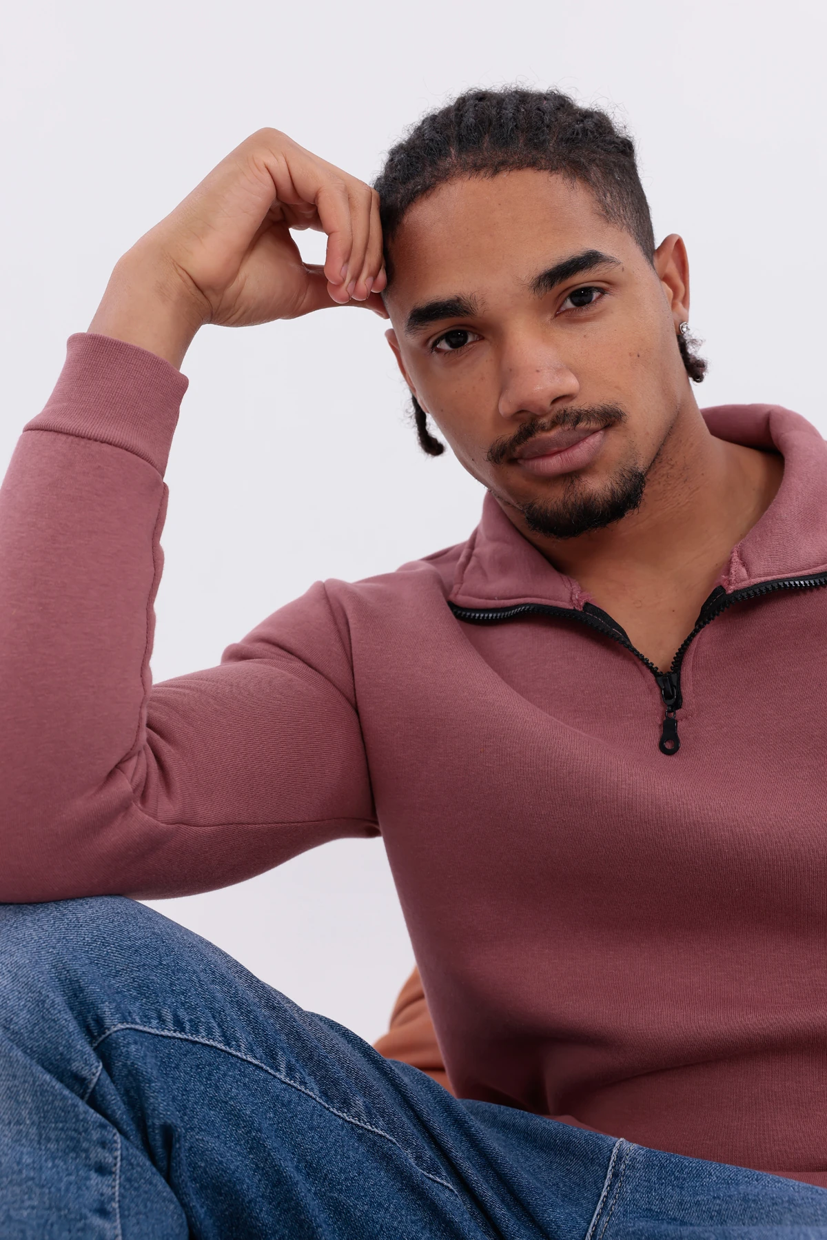 Sıfır4 Yarım Fermuarlı 3 iplik şardonlu  Sweatshirt gökyüzü mavisi Gül Kurusu gül kurusu