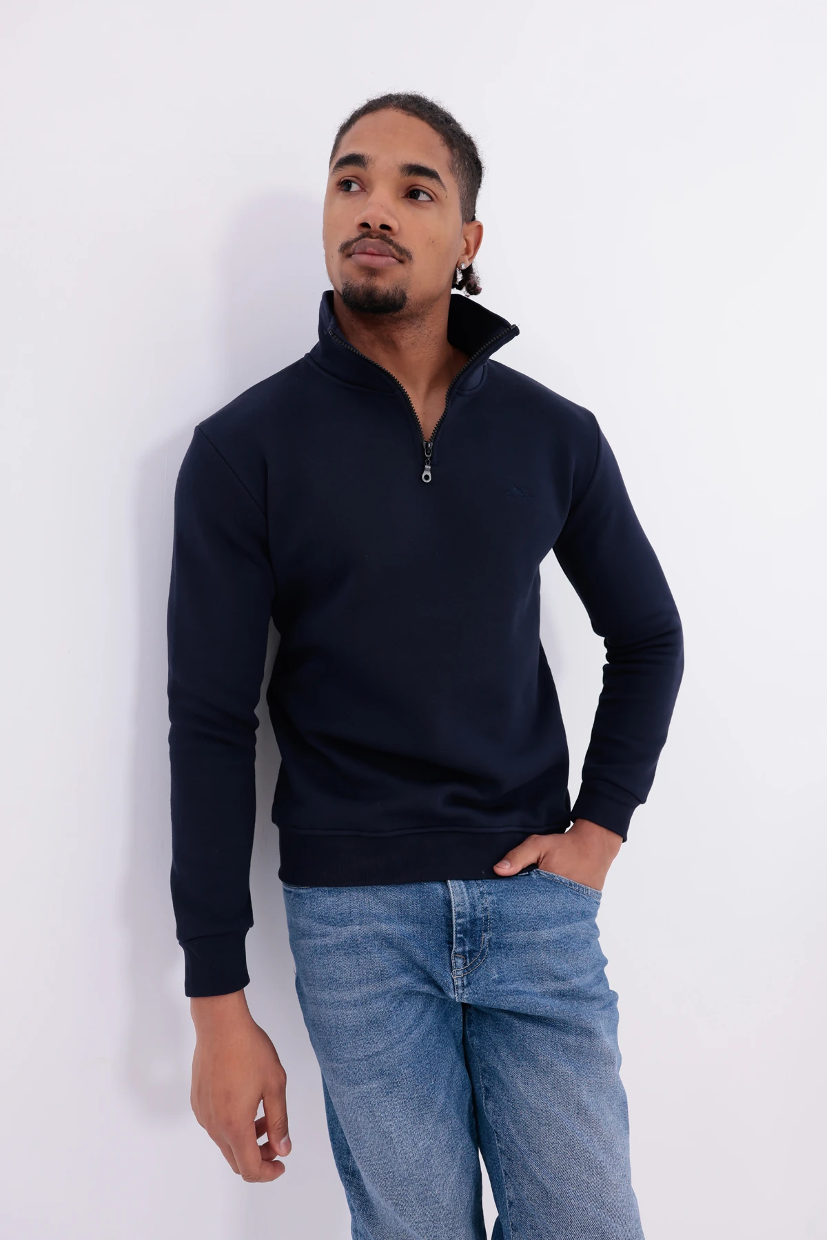 Sıfır4 Yarım Fermuarlı 3 iplik şardonlu Sweatshirt Lacivert Lacivert
