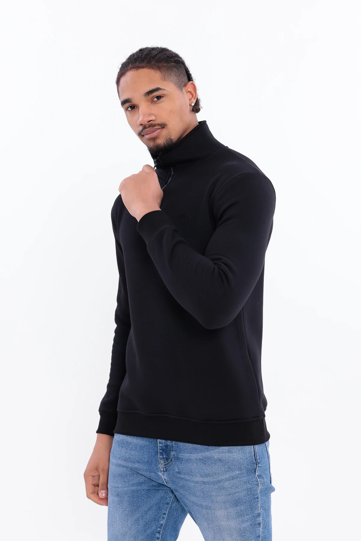 Sıfır4 Yarım Fermuarlı 3 iplik şardonlu Sweatshirt siyah Siyah