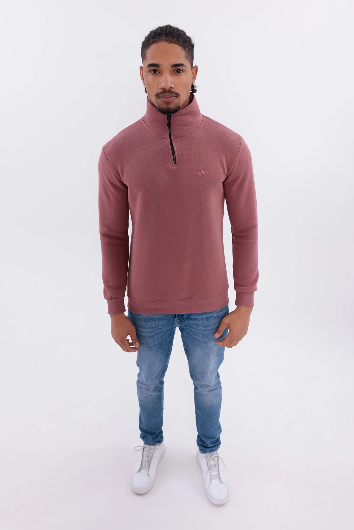 Sıfır4 Yarım Fermuarlı 3 iplik şardonlu  Sweatshirt gökyüzü mavisi Gül Kurusu gül kurusu