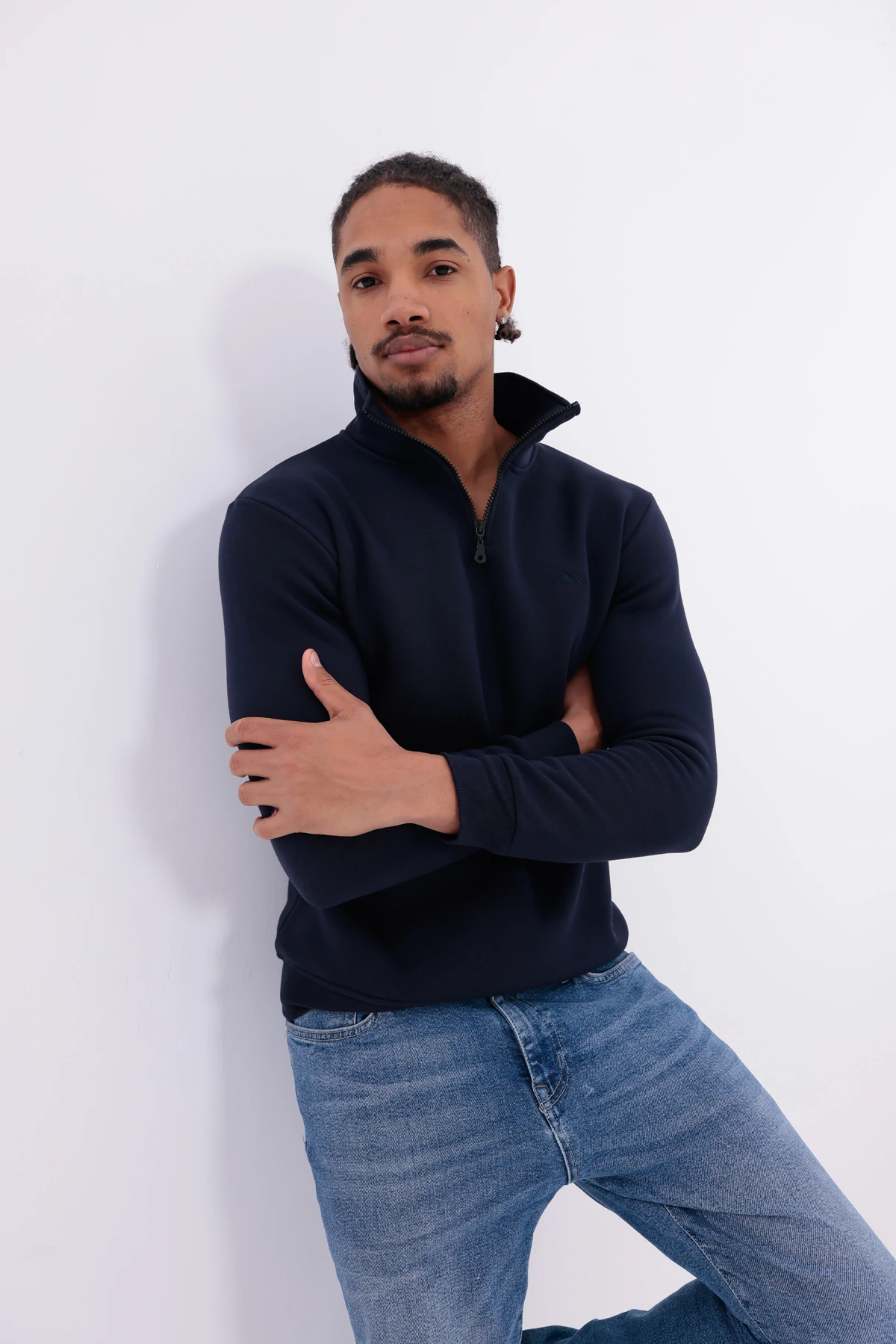 Sıfır4 Yarım Fermuarlı 3 iplik şardonlu Sweatshirt Lacivert Lacivert