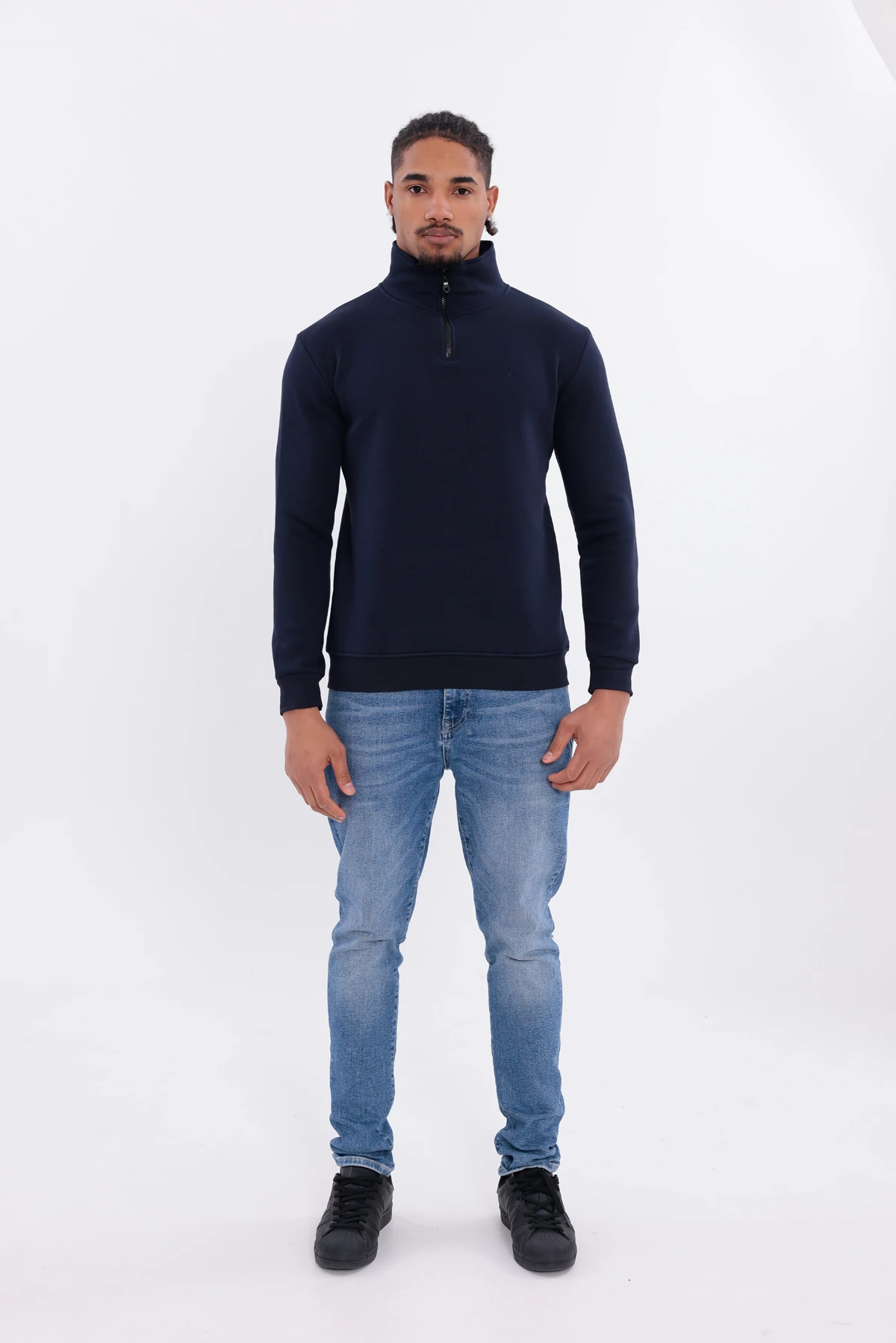 Sıfır4 Yarım Fermuarlı 3 iplik şardonlu Sweatshirt Lacivert Lacivert
