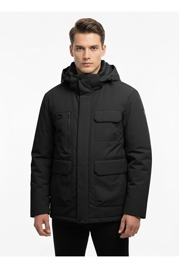 Dynamo Erkek Kapüşonlu Su İtici Rüzgar Geçirmez Kaz Tüyü Comfort Fit Mont Siyah