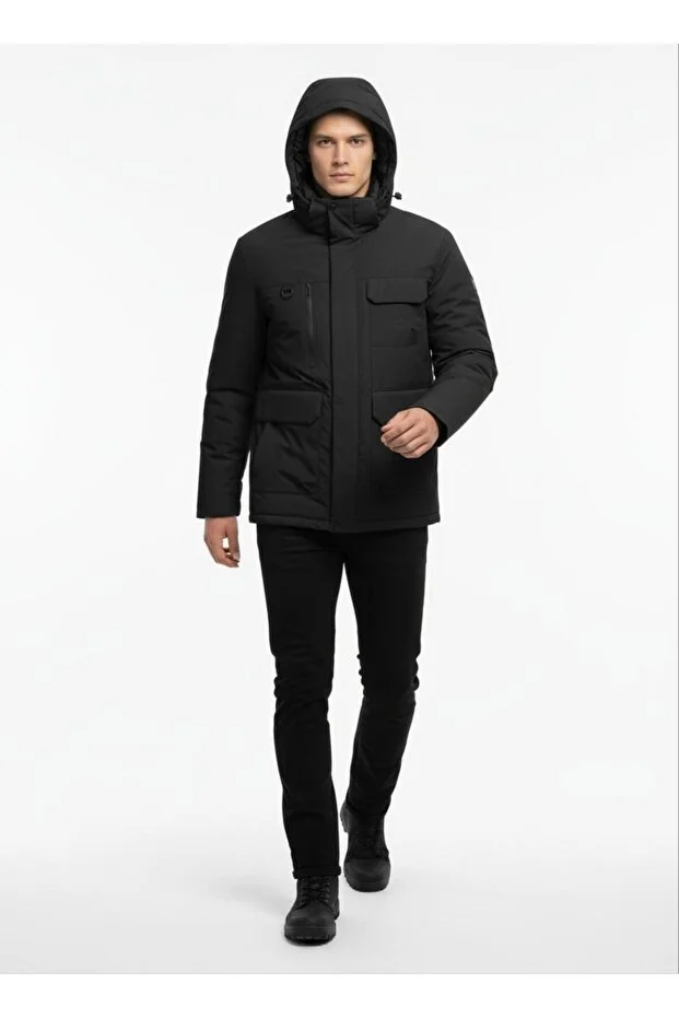 Dynamo Erkek Kapüşonlu Su İtici Rüzgar Geçirmez Kaz Tüyü Comfort Fit Mont Siyah