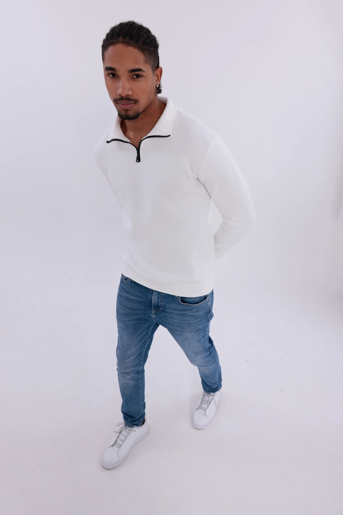 Sıfır4 Yarım Fermuarlı 3 iplik şardonlu Sweatshirt Beyaz mint