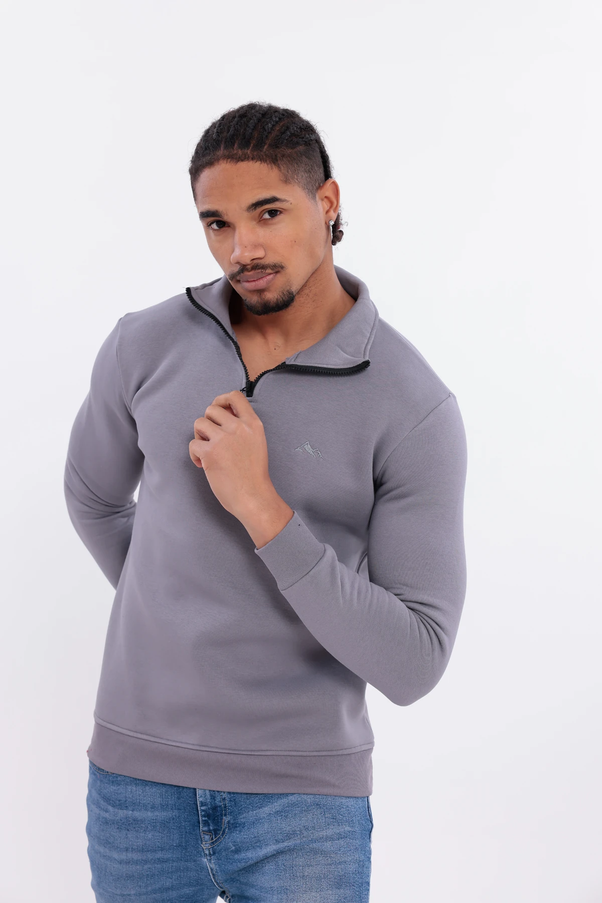 Sıfır4 Yarım Fermuarlı 3 iplik şardonlu Sweatshirt GRİ Gri̇