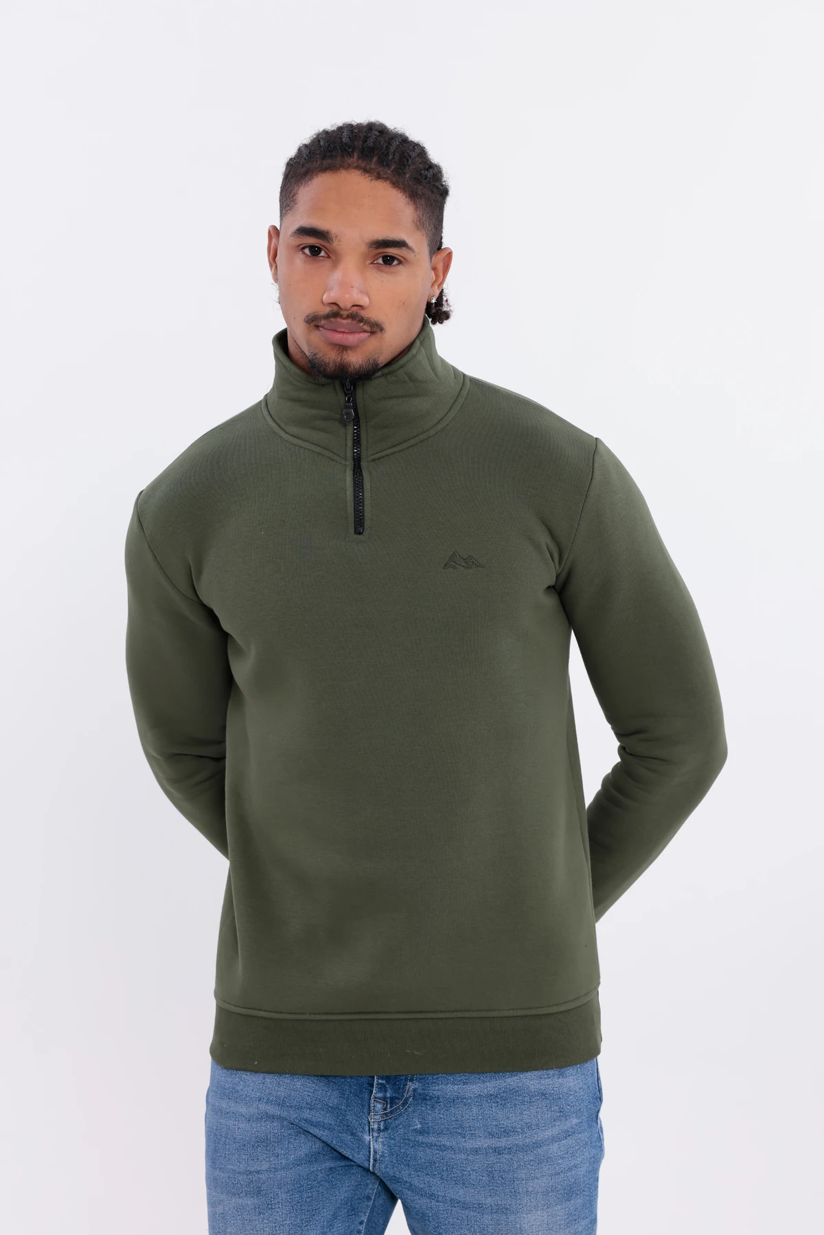 Sıfır4 Yarım Fermuarlı 3 iplik şardonlu Sweatshirt Yeşil Yeşil