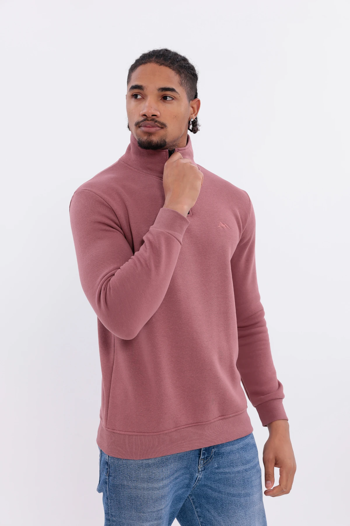 Sıfır4 Yarım Fermuarlı 3 iplik şardonlu  Sweatshirt gökyüzü mavisi Gül Kurusu gül kurusu