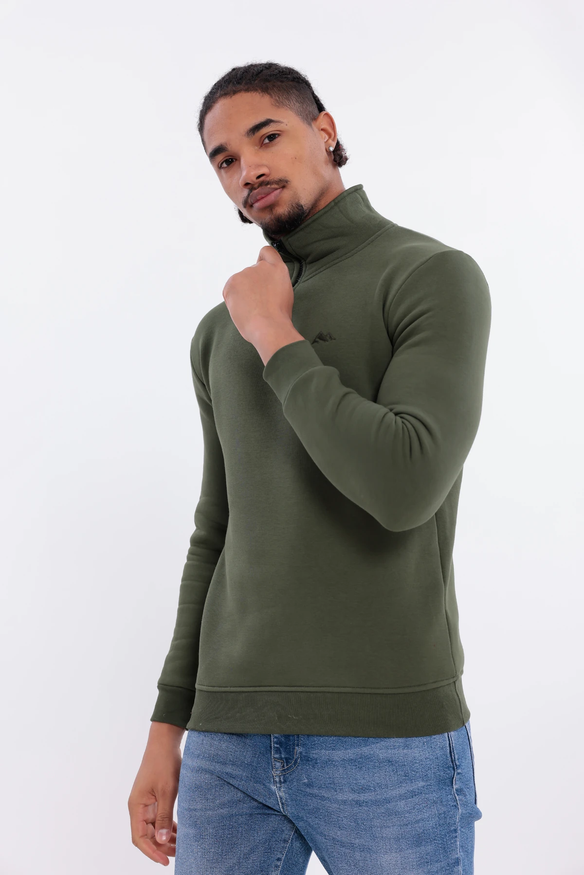 Sıfır4 Yarım Fermuarlı 3 iplik şardonlu Sweatshirt Yeşil Yeşil