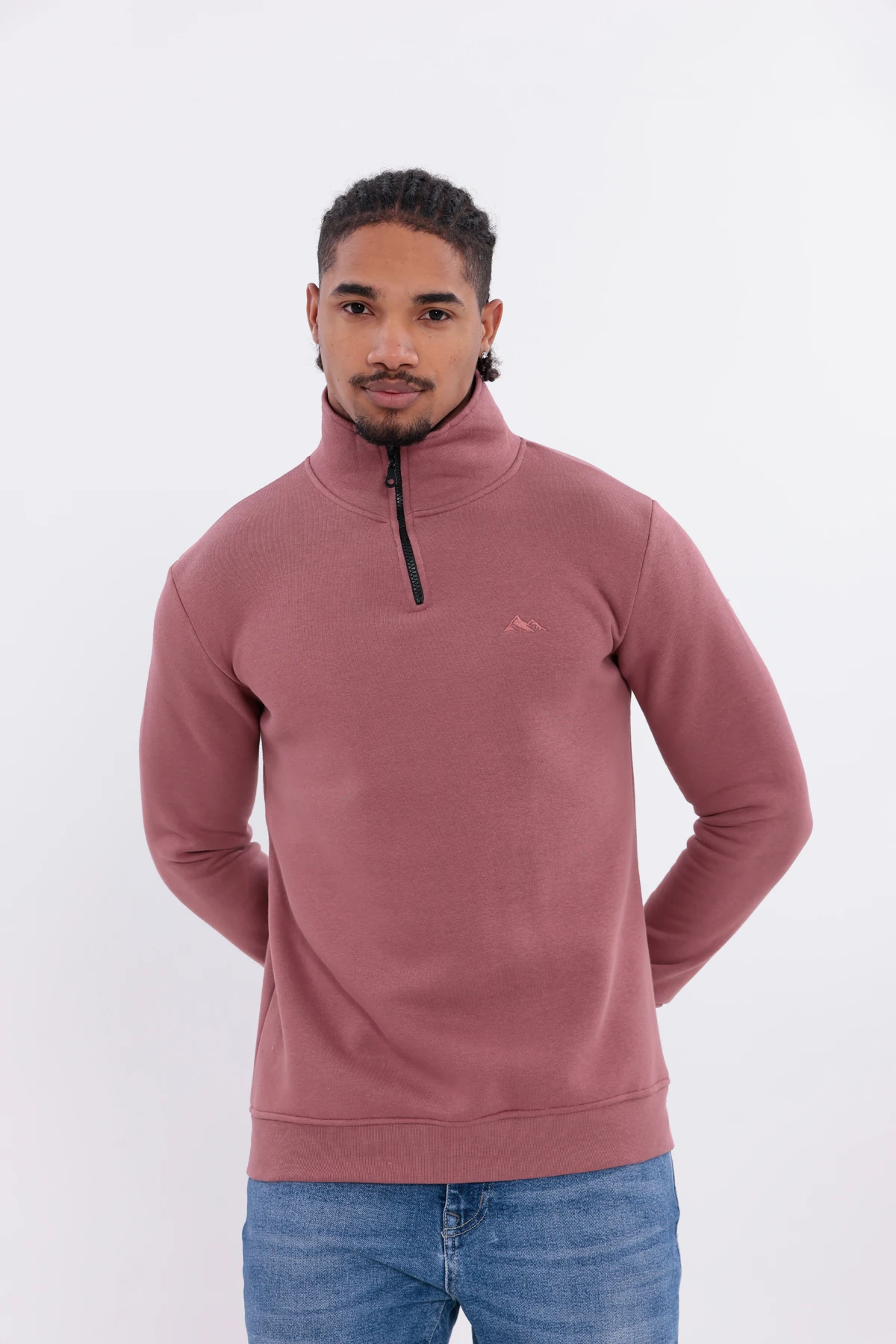 Sıfır4 Yarım Fermuarlı 3 iplik şardonlu  Sweatshirt gökyüzü mavisi Gül Kurusu