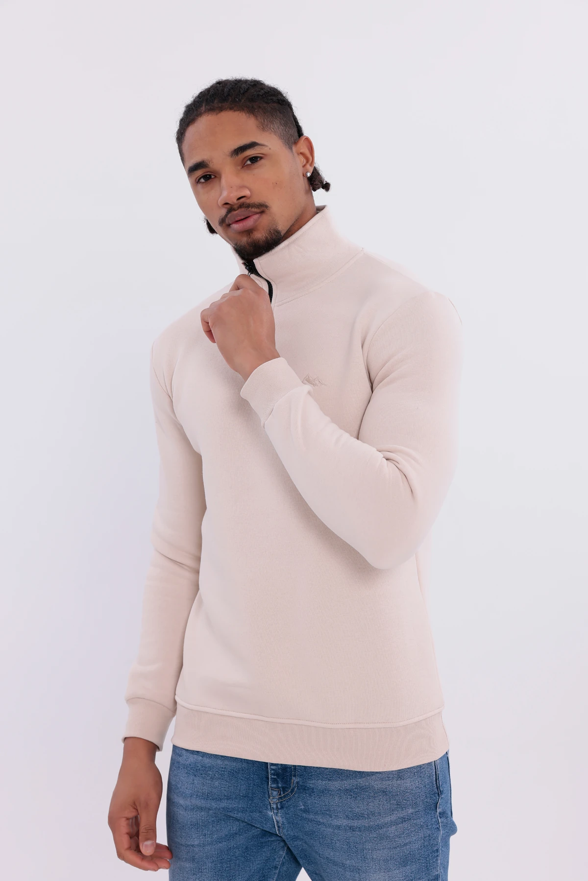 Sıfır4 Yarım Fermuarlı 3 iplik şardonlu Sweatshirt Krem krem
