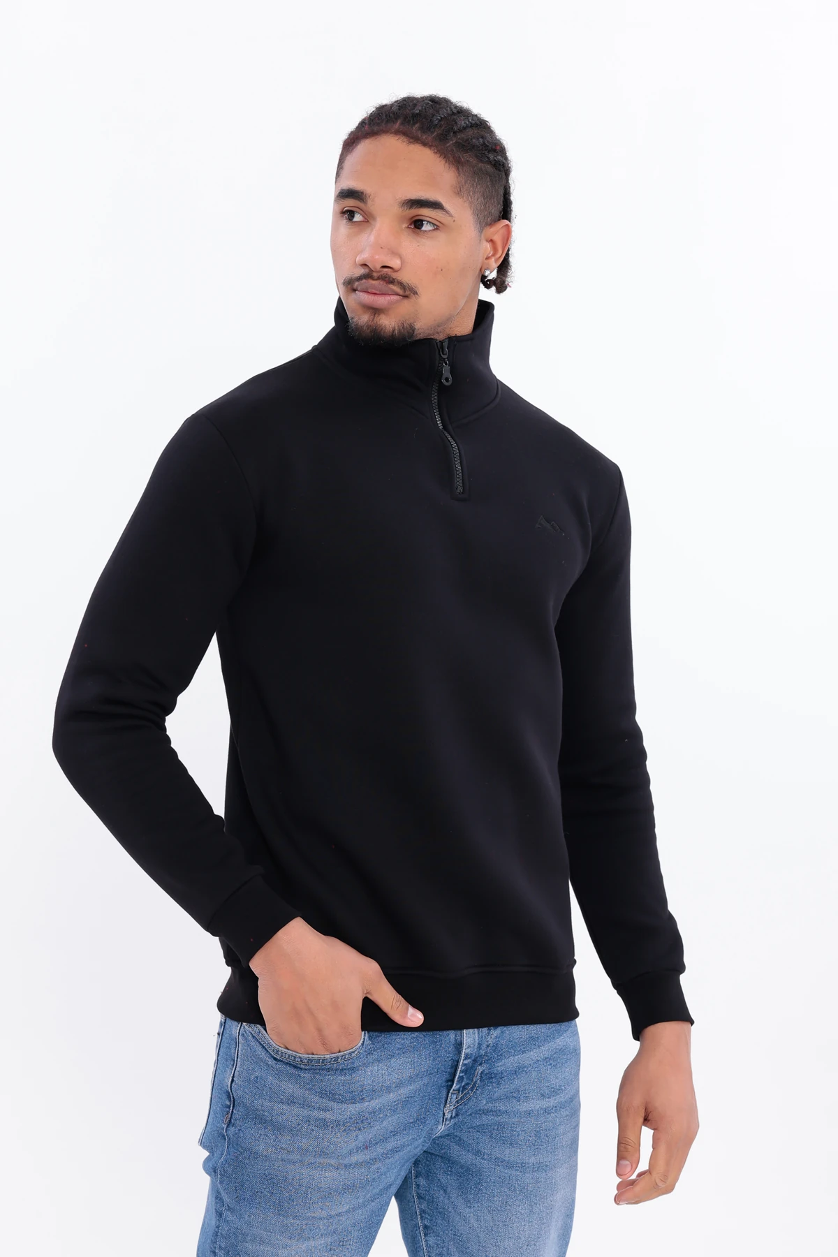 Sıfır4 Yarım Fermuarlı 3 iplik şardonlu  Sweatshirt siyah Siyah