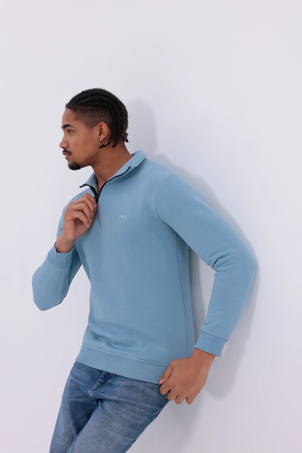 Sıfır4 Yarım Fermuarlı 3 iplik şardonlu  Sweatshirt gökyüzü mavisi gökyüzü mavisi