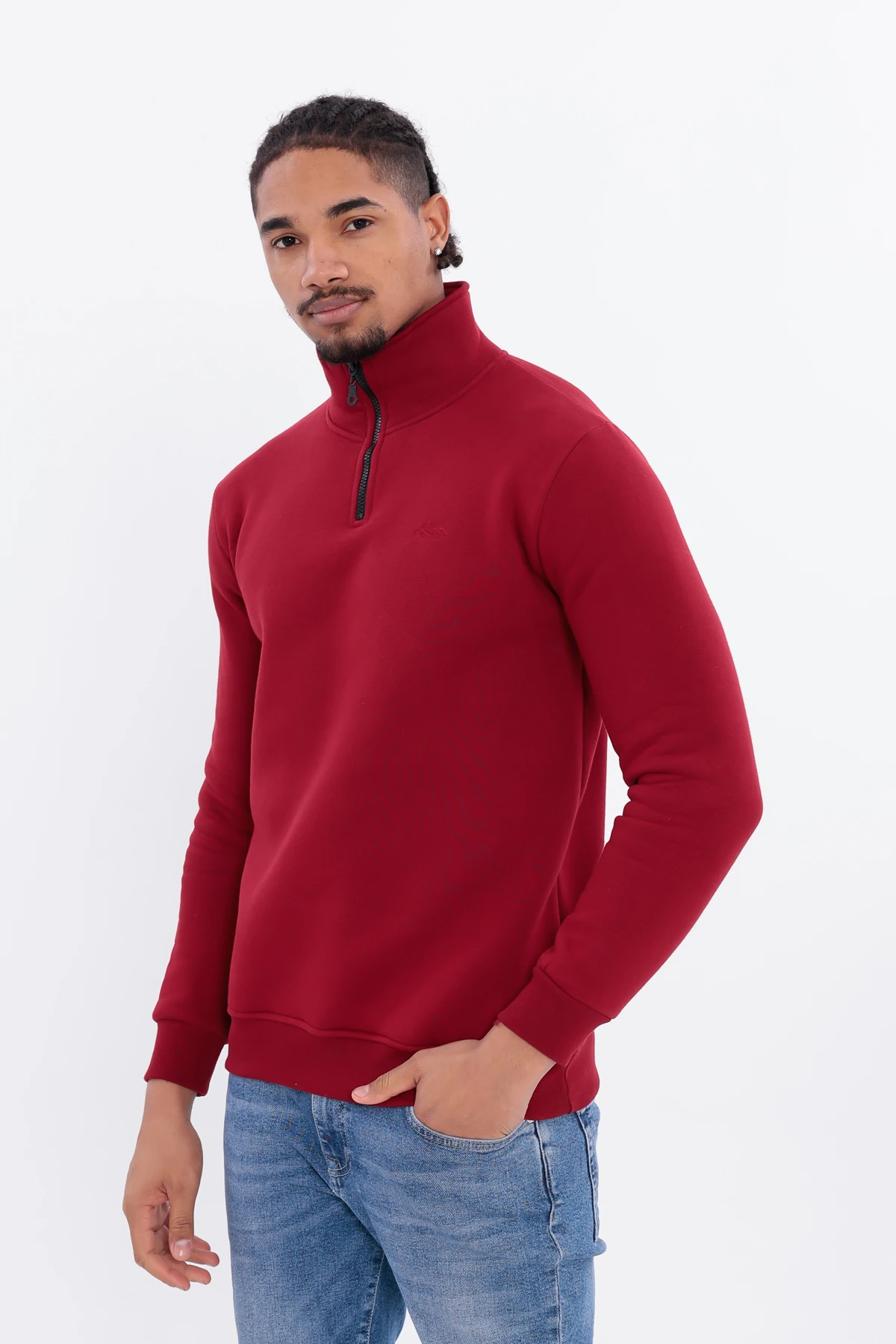 Sıfır4 Yarım Fermuarlı 3 iplik şardonlu Sweatshirt Bordo Bordo