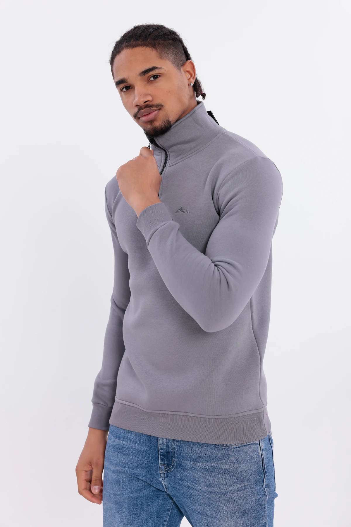 Sıfır4 Yarım Fermuarlı 3 iplik şardonlu  Sweatshirt GRİ Gri̇