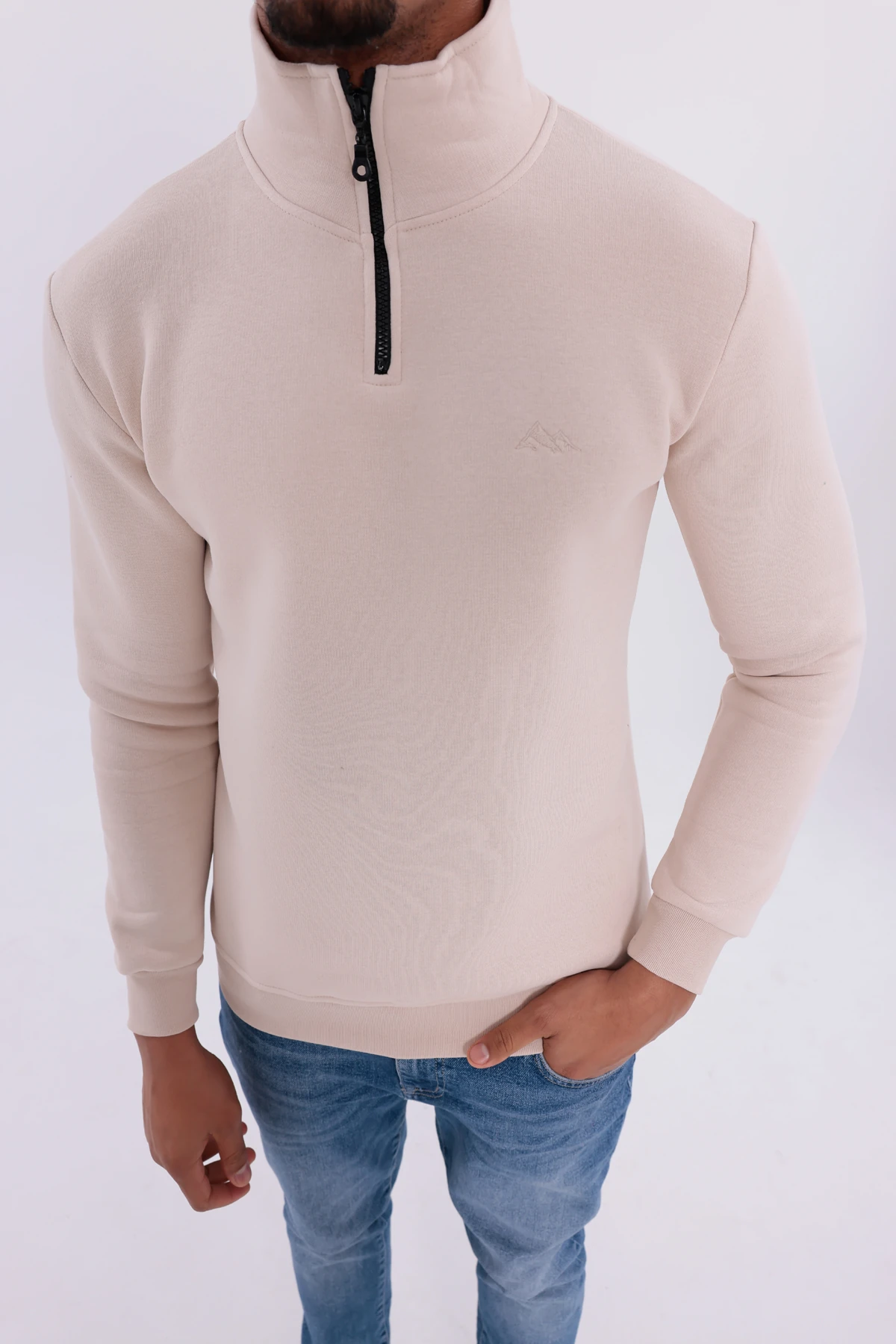 Sıfır4 Yarım Fermuarlı 3 iplik şardonlu Sweatshirt Krem krem
