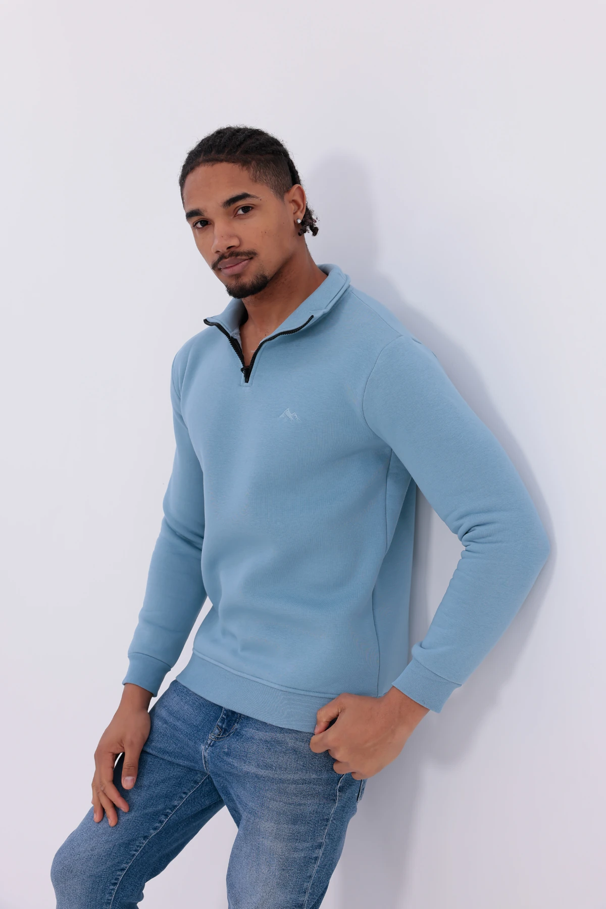 Sıfır4 Yarım Fermuarlı 3 iplik şardonlu  Sweatshirt gökyüzü mavisi gökyüzü mavisi