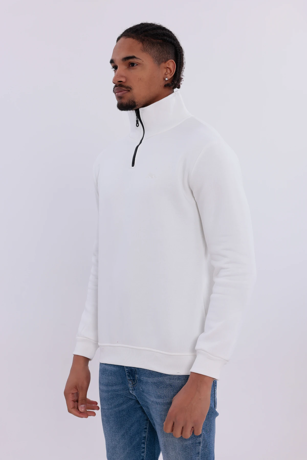Sıfır4 Yarım Fermuarlı 3 iplik şardonlu Sweatshirt Beyaz mint