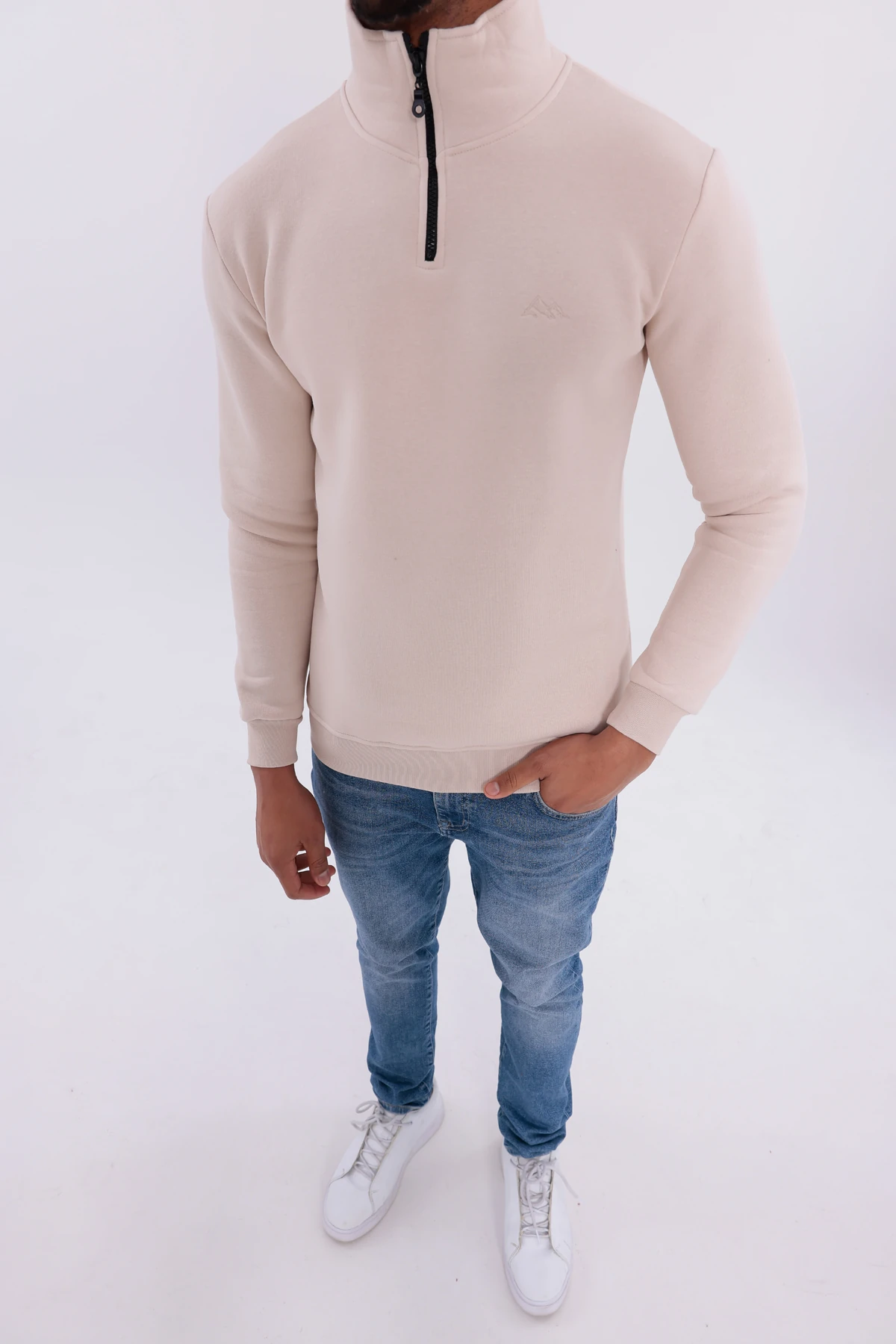 Sıfır4 Yarım Fermuarlı 3 iplik şardonlu Sweatshirt Krem krem