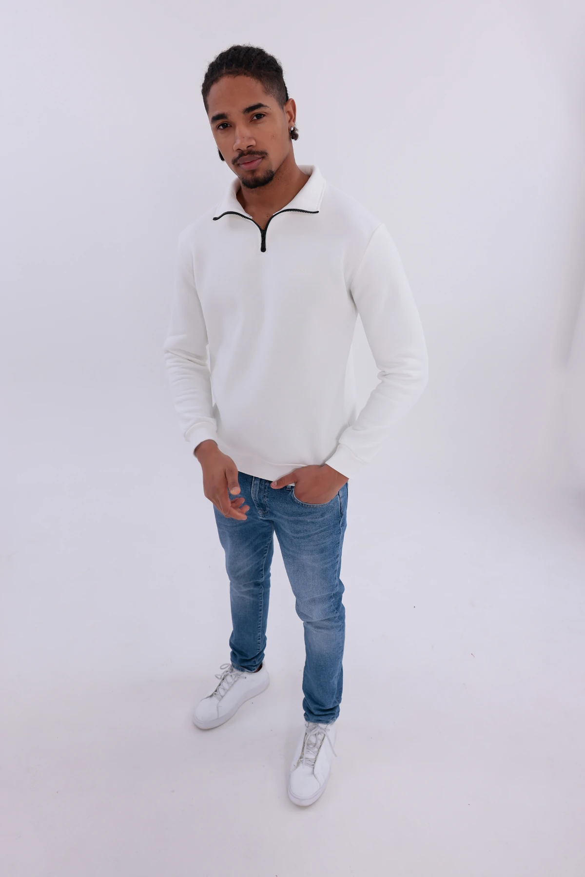Sıfır4 Yarım Fermuarlı 3 iplik şardonlu Sweatshirt Beyaz mint