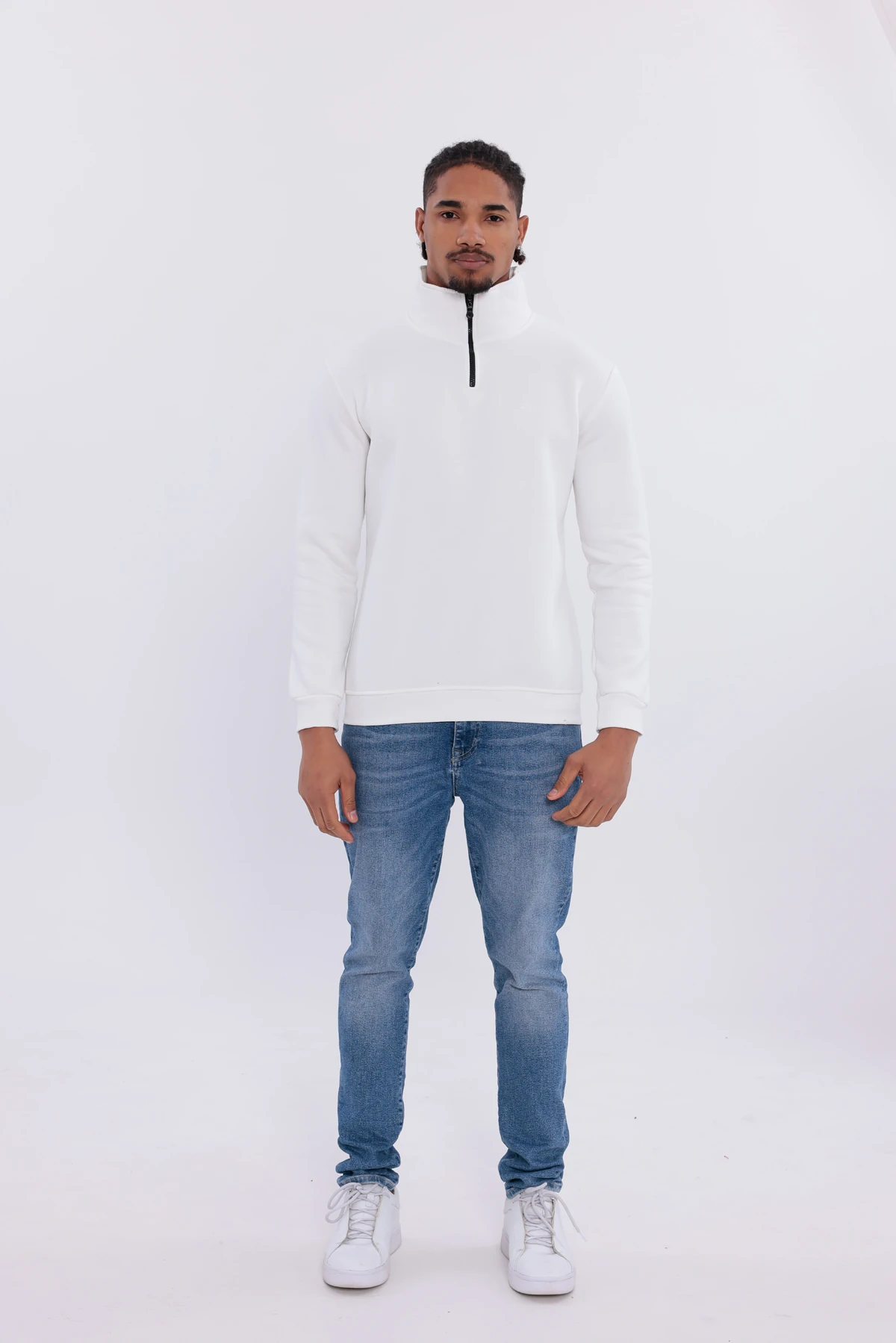 Sıfır4 Yarım Fermuarlı 3 iplik şardonlu Sweatshirt Beyaz mint