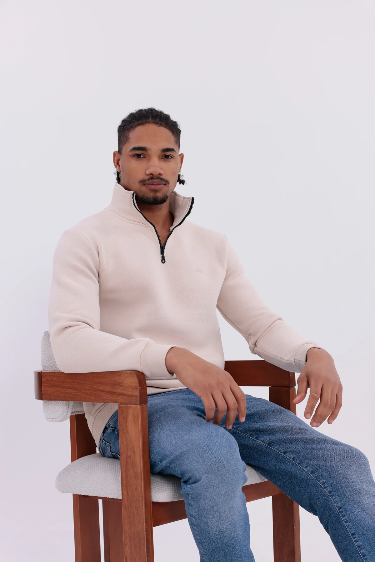 Sıfır4 Yarım Fermuarlı 3 iplik şardonlu Sweatshirt Krem krem