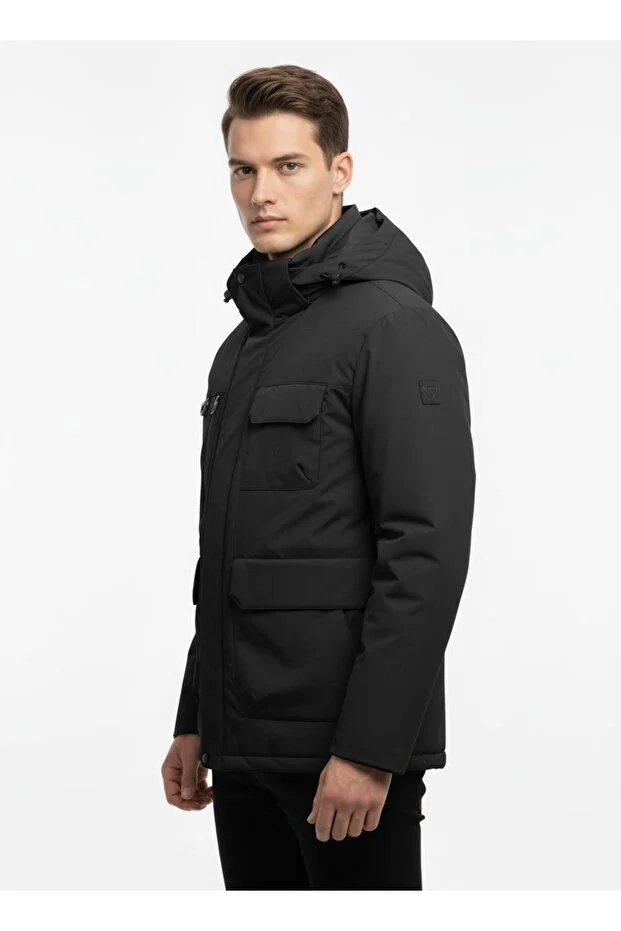 Dynamo Erkek Kapüşonlu Su İtici Rüzgar Geçirmez Kaz Tüyü Comfort Fit Mont Siyah