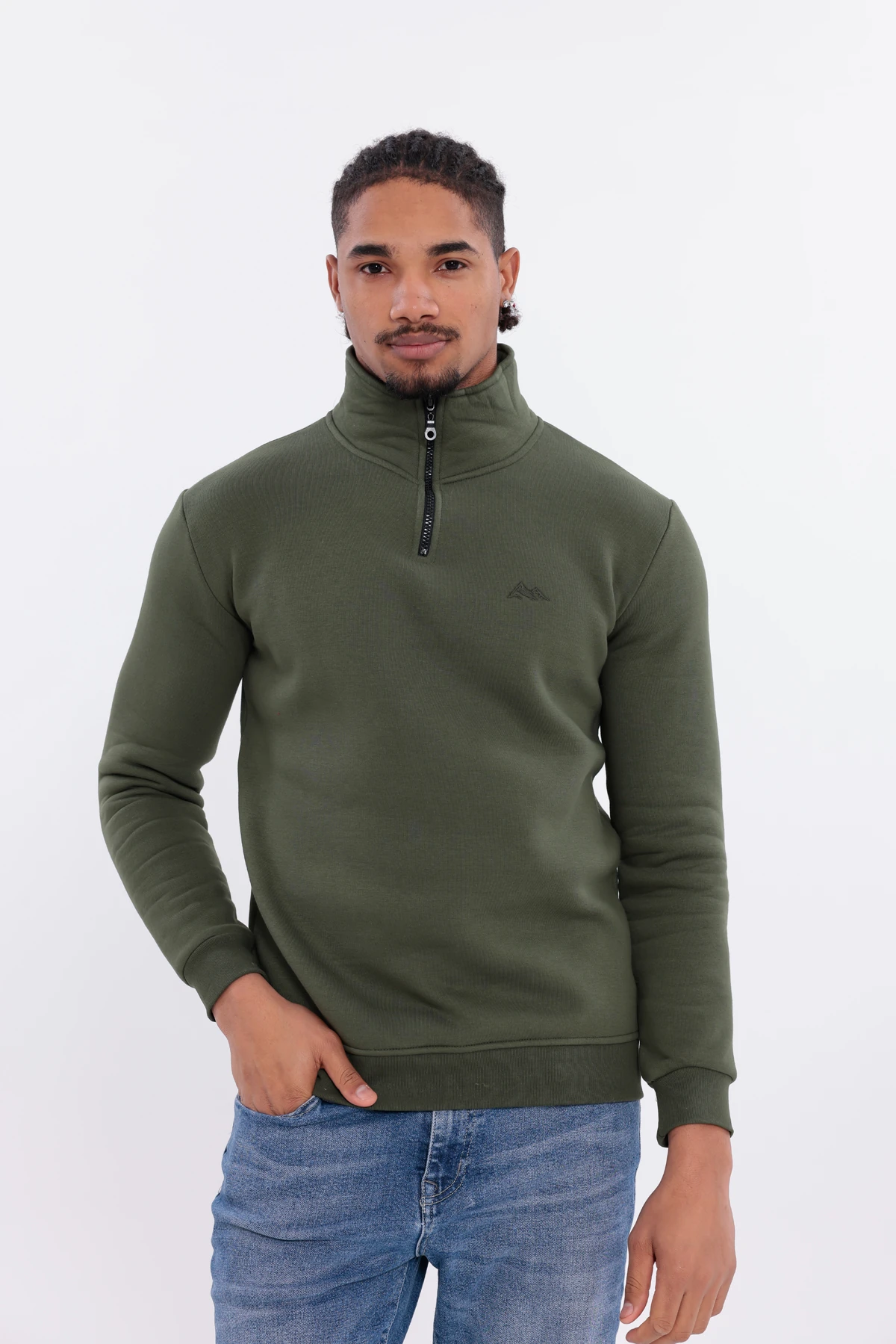 Sıfır4 Yarım Fermuarlı 3 iplik şardonlu  Sweatshirt Yeşil Yeşil