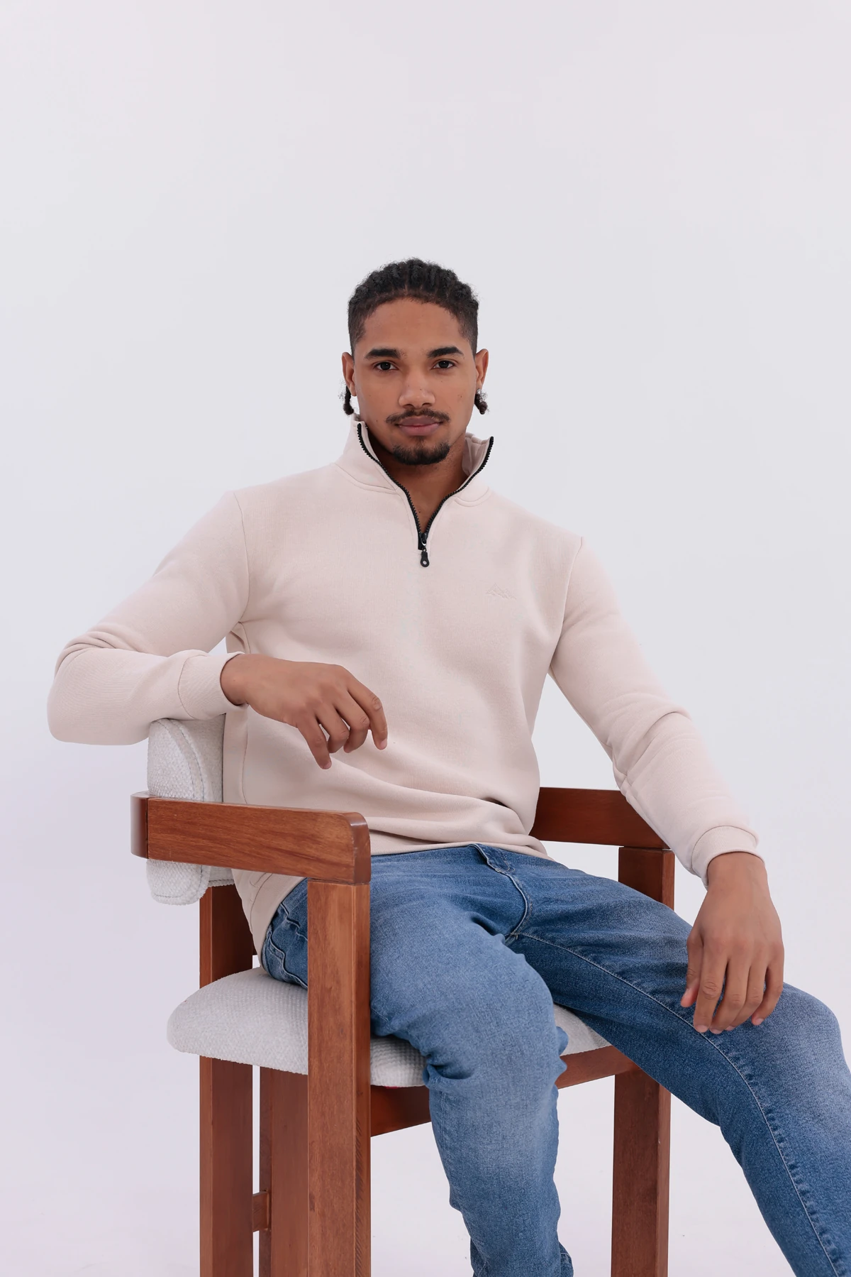 Sıfır4 Yarım Fermuarlı 3 iplik şardonlu  Sweatshirt Krem krem