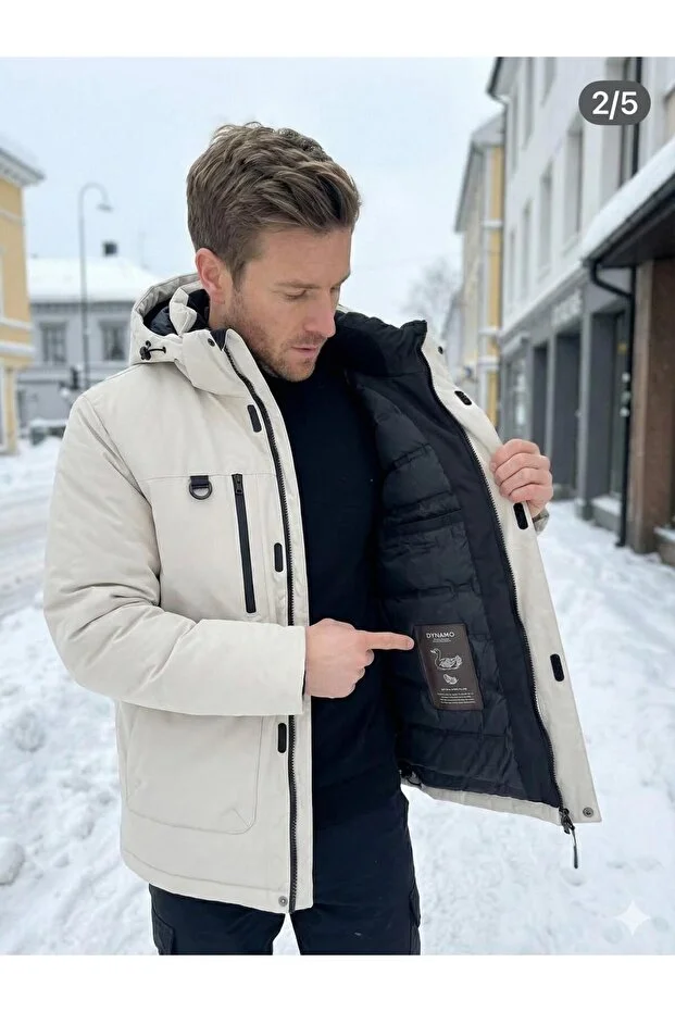 Dynamo Erkek Kapüşonlu Su İtici Rüzgar Geçirmez Kaz Tüyü Comfort Fit Mont Bej